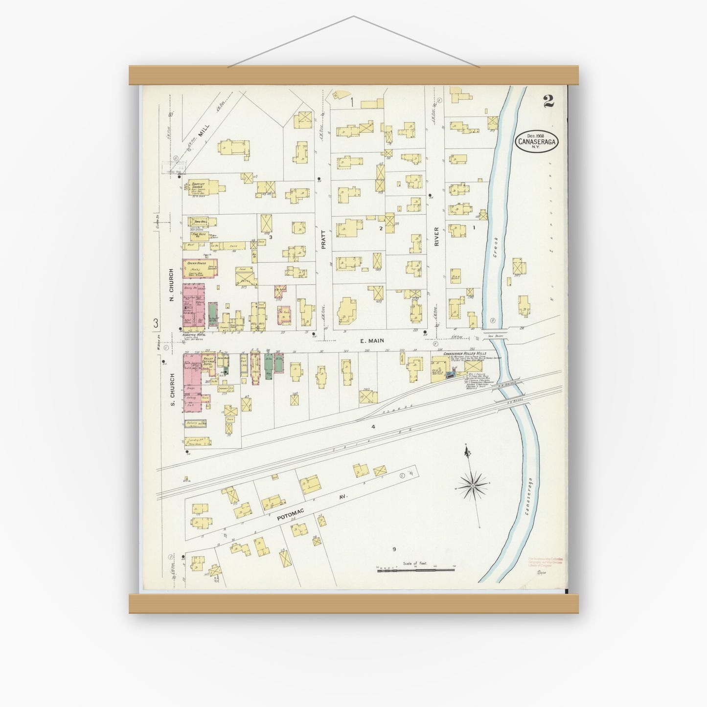 Old map wall art mockup — magnetic wood frame on white wall — Sanborn Fire Insurance Map from Canaseraga, Allegany County, New York (1908), Sheet #0002