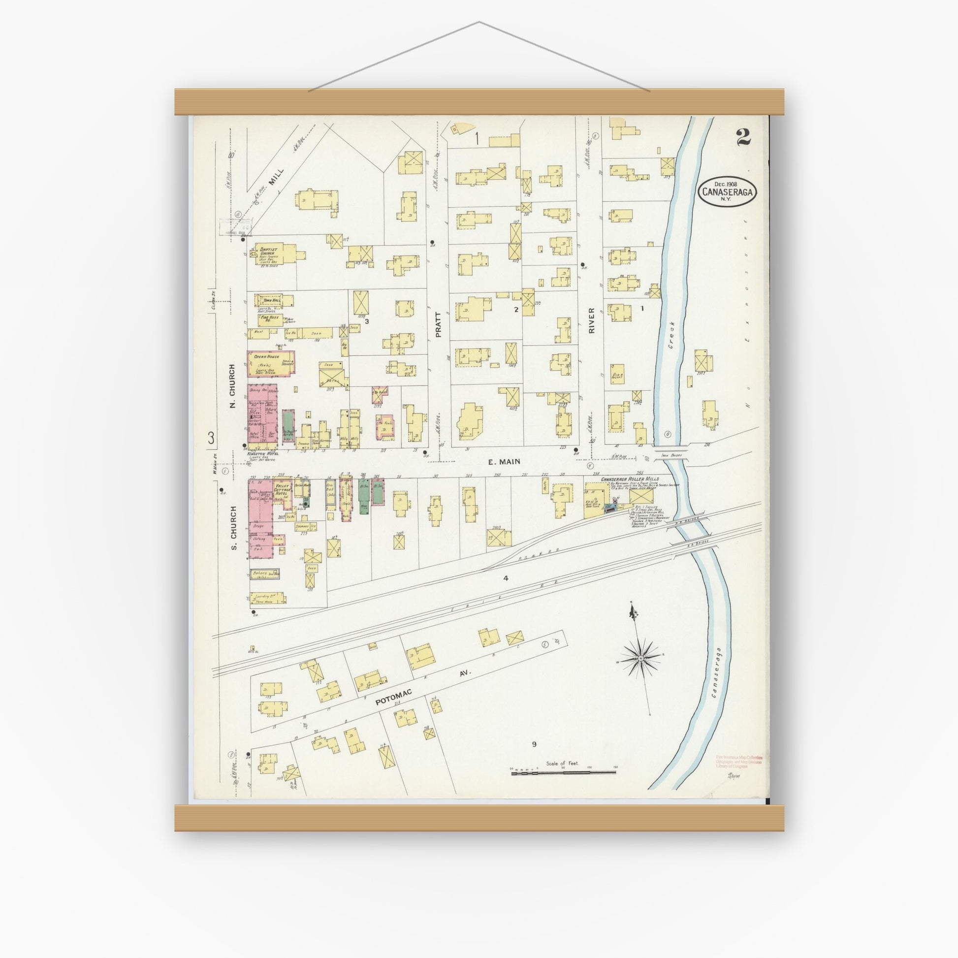 Old map wall art mockup — magnetic wood frame on white wall — Sanborn Fire Insurance Map from Canaseraga, Allegany County, New York (1908), Sheet #0002