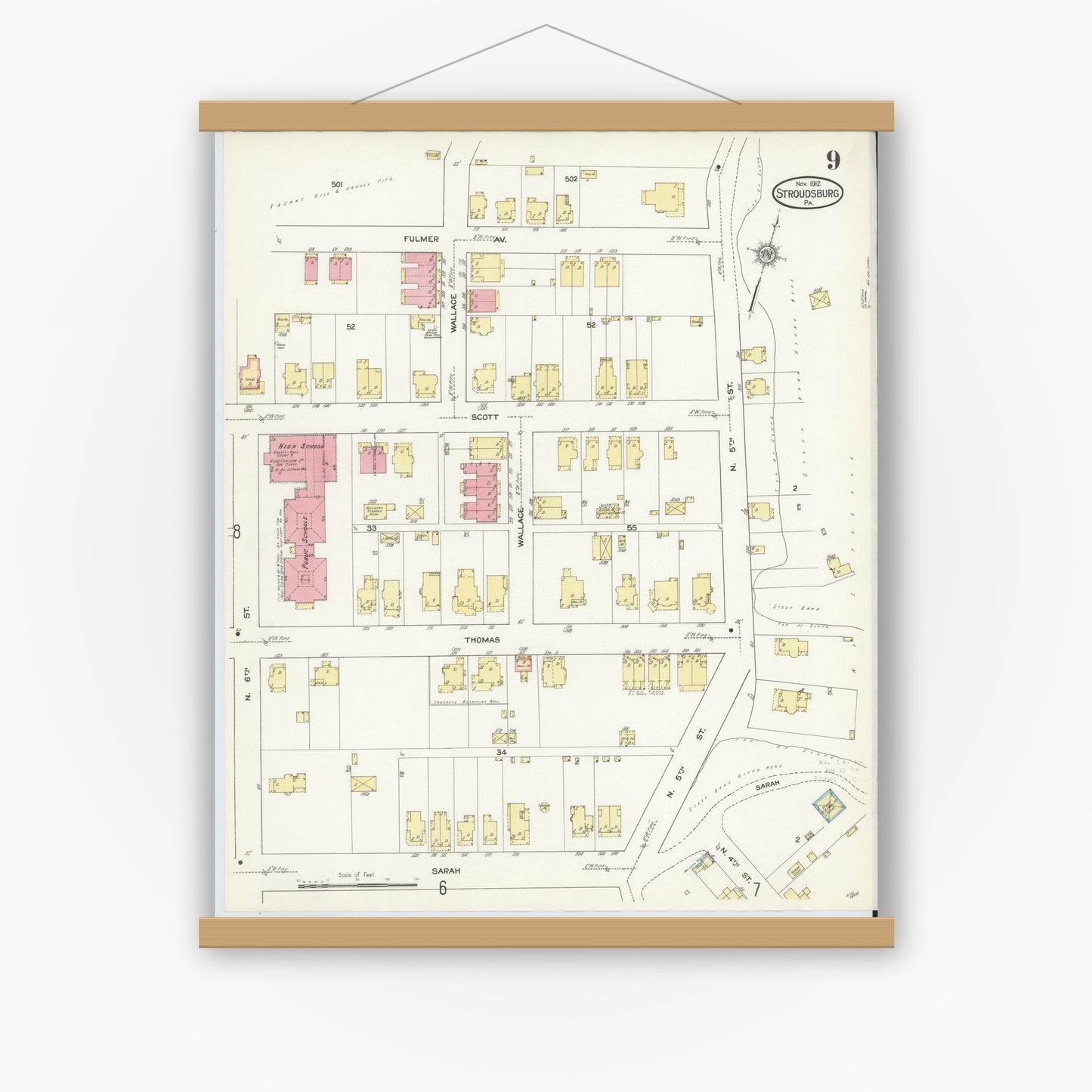Old map wall art mockup — magnetic wood frame on white wall — Sanborn Fire Insurance Map from Stroudsburg, Monroe County, Pennsylvania (1912), Sheet #0009