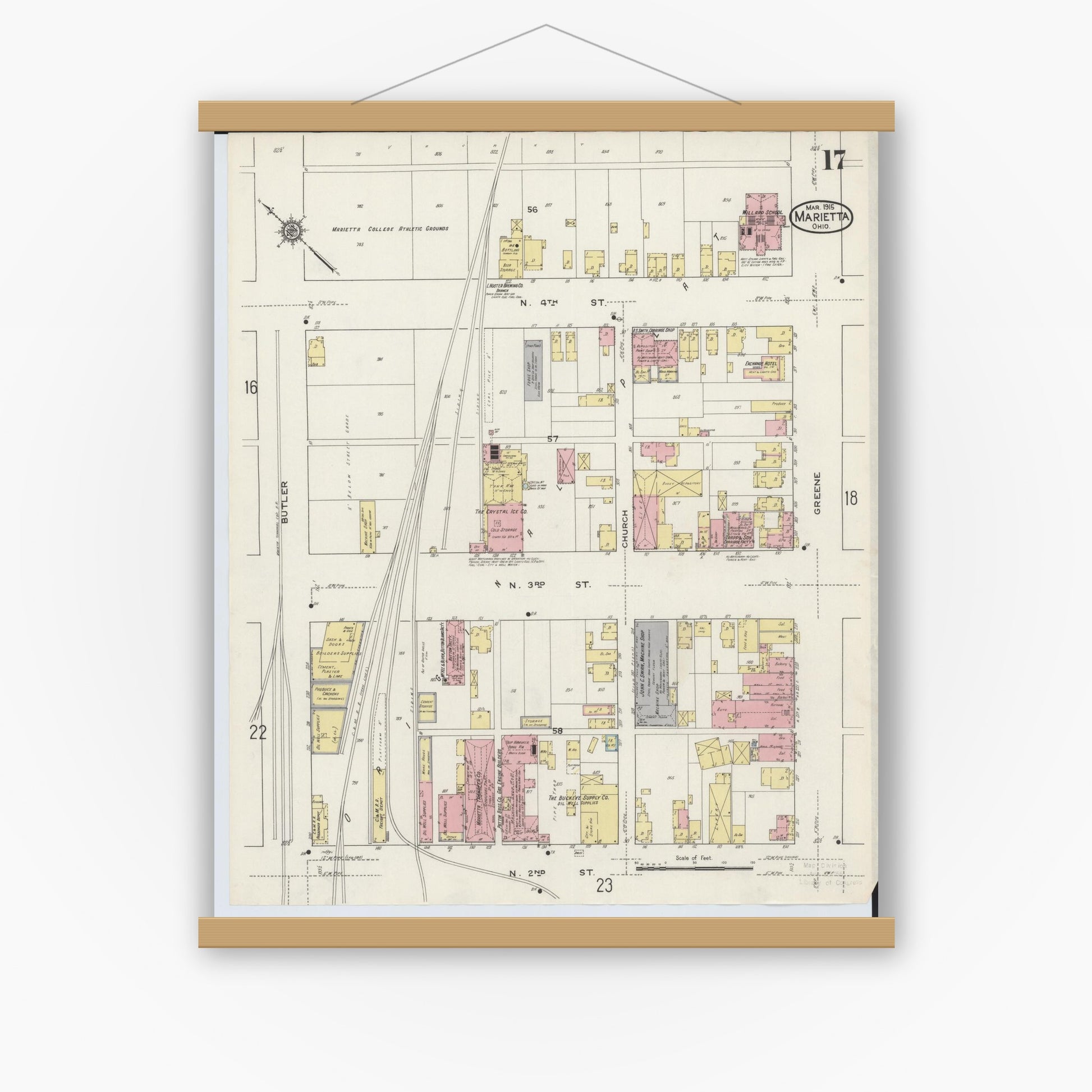 Old map wall art mockup — magnetic wood frame on white wall — Sanborn Fire Insurance Map from Marietta, Washington County, Ohio (1915), Sheet #0017