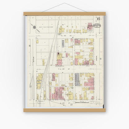 Old map wall art mockup — magnetic wood frame on white wall — Sanborn Fire Insurance Map from Marietta, Washington County, Ohio (1915), Sheet #0017