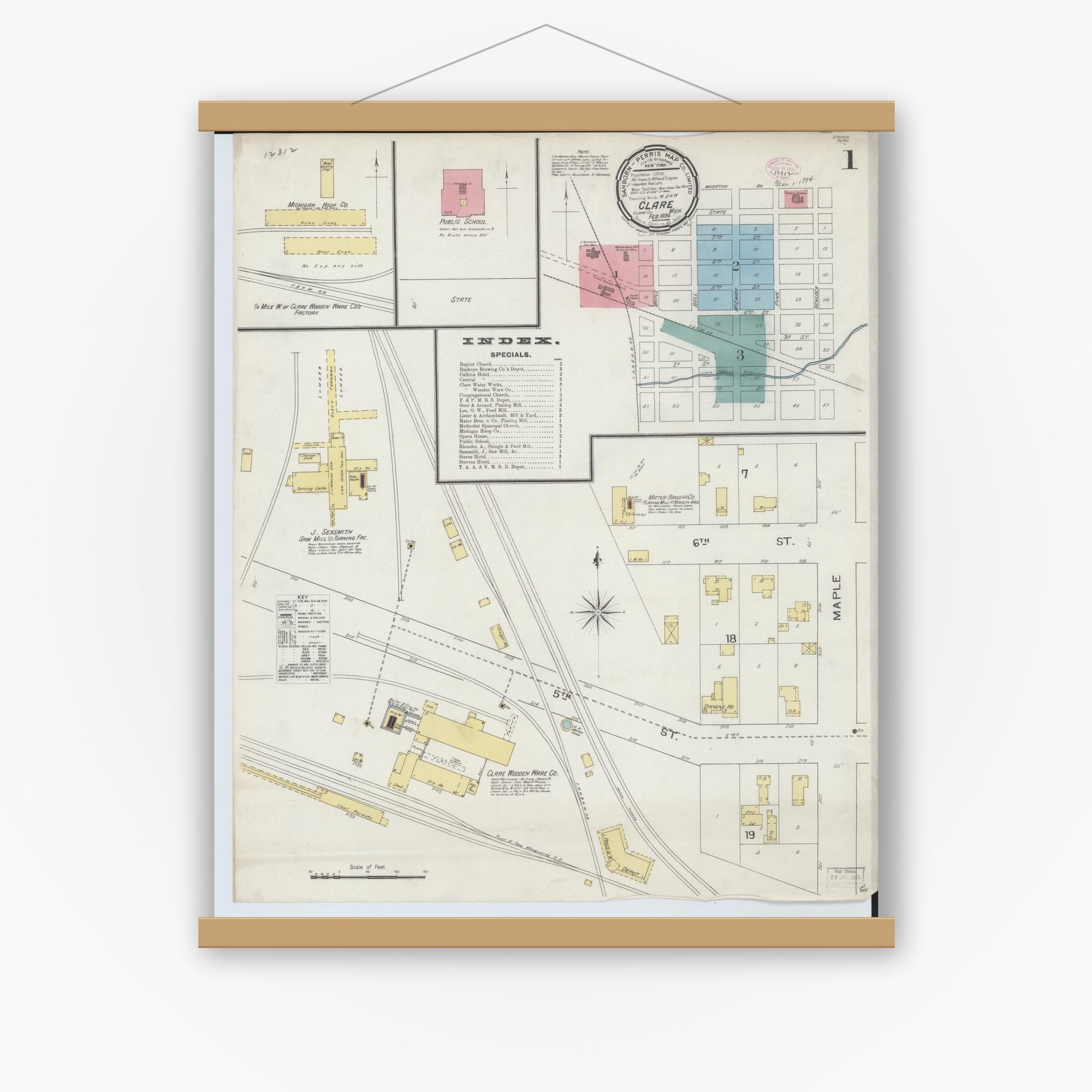 Old map wall art mockup — magnetic wood frame on white wall — Sanborn Fire Insurance Map from Clare, Clare County, Michigan (1894) - Complete Map Set