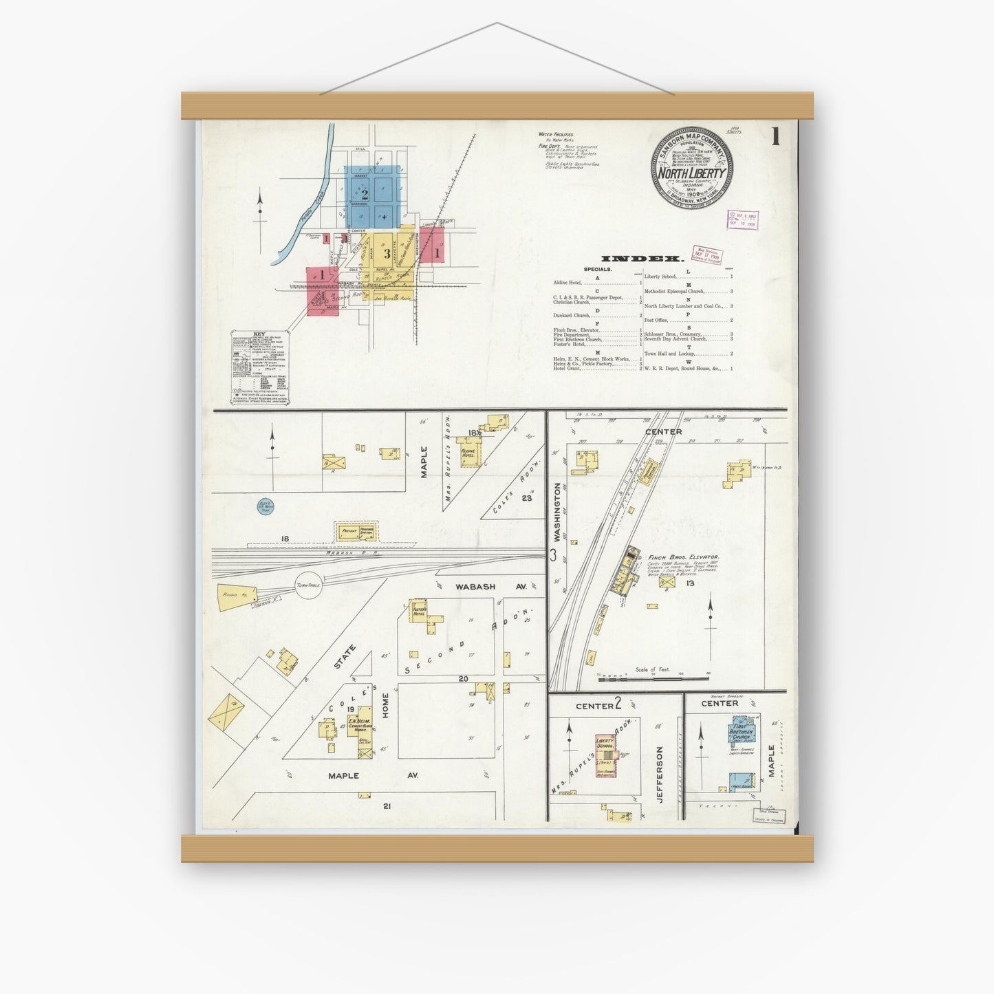 Old map wall art mockup — magnetic wood frame on white wall — Sanborn Fire Insurance Map from North Liberty, Saint Joseph County, Indiana (1909) - Complete Map Set