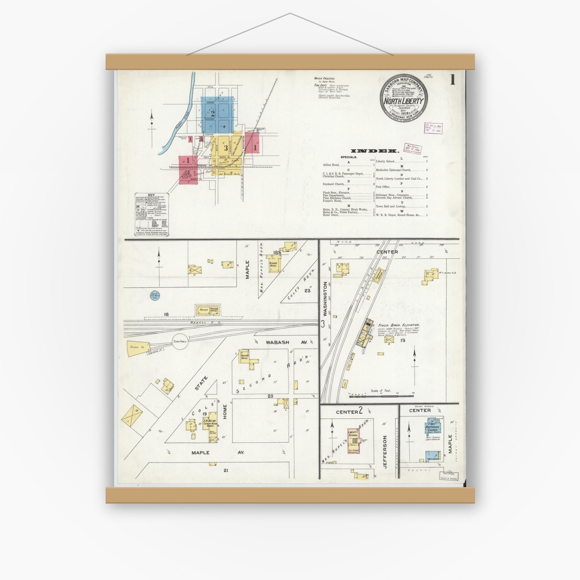 Old map wall art mockup — magnetic wood frame on white wall — Sanborn Fire Insurance Map from North Liberty, Saint Joseph County, Indiana (1909) - Complete Map Set