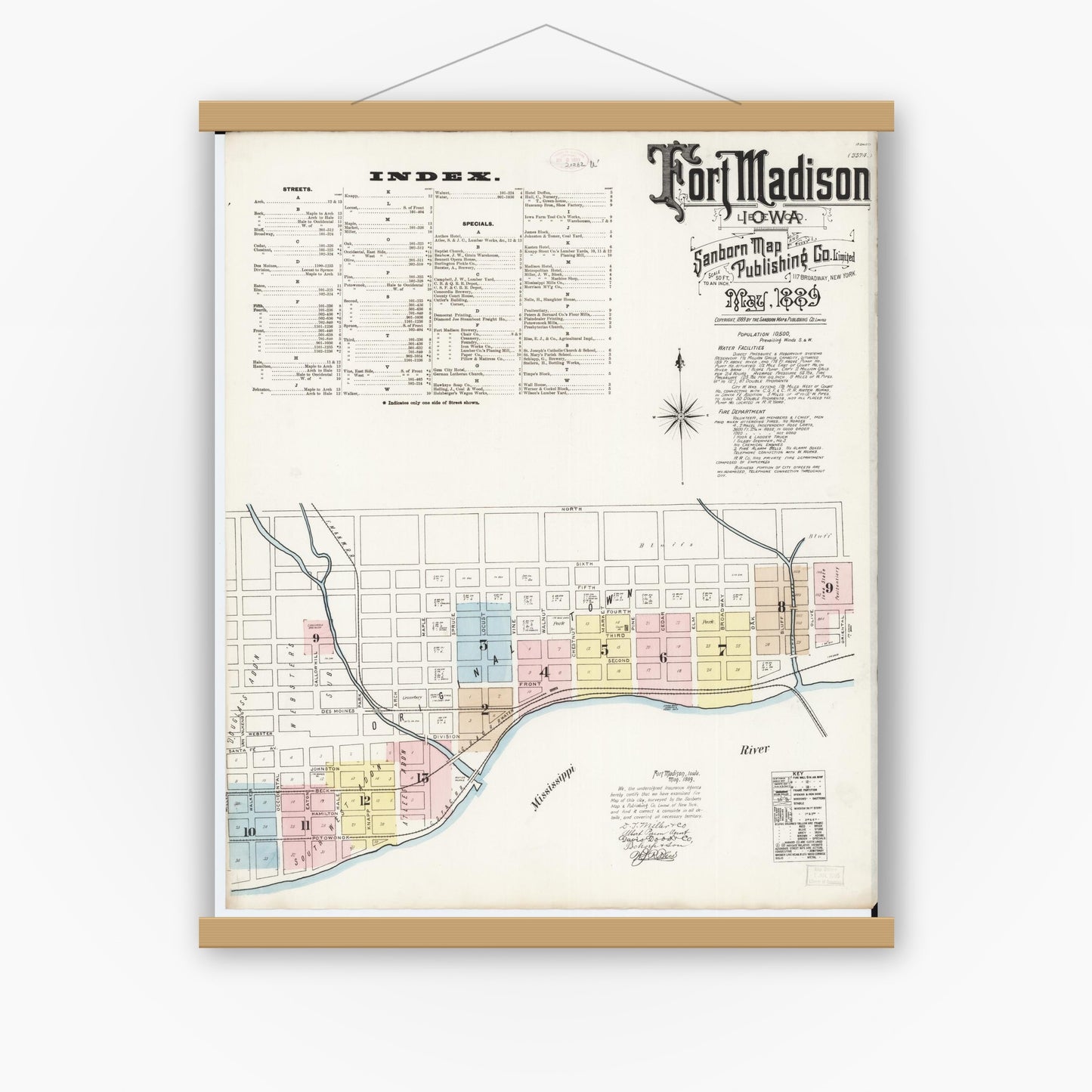 Old map wall art mockup — magnetic wood frame on white wall — Sanborn Fire Insurance Map from Fort Madison, Lee County, Iowa (1889) â€” Complete Set