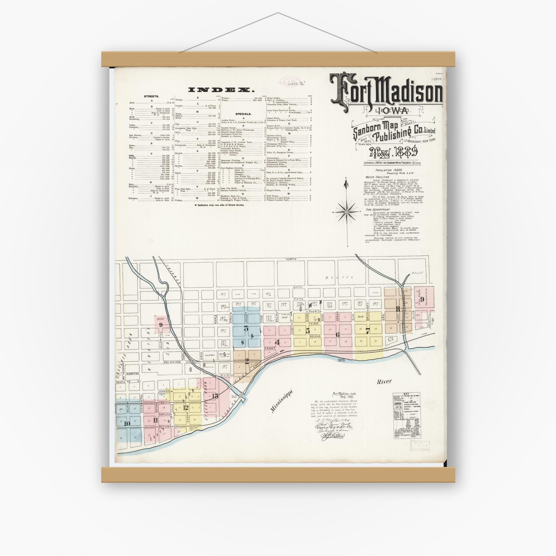 Old map wall art mockup — magnetic wood frame on white wall — Sanborn Fire Insurance Map from Fort Madison, Lee County, Iowa (1889) â€” Complete Set