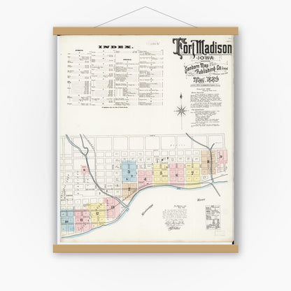 Old map wall art mockup — magnetic wood frame on white wall — Sanborn Fire Insurance Map from Fort Madison, Lee County, Iowa (1889) â€” Complete Set