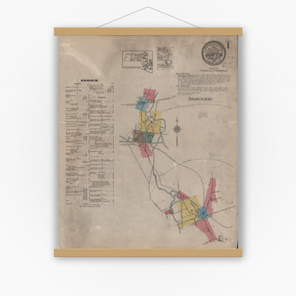 Old map wall art mockup — magnetic wood frame on white wall — Sanborn Fire Insurance Map from Grafton, Worcester County, Massachusetts (1922), Sheet #0001