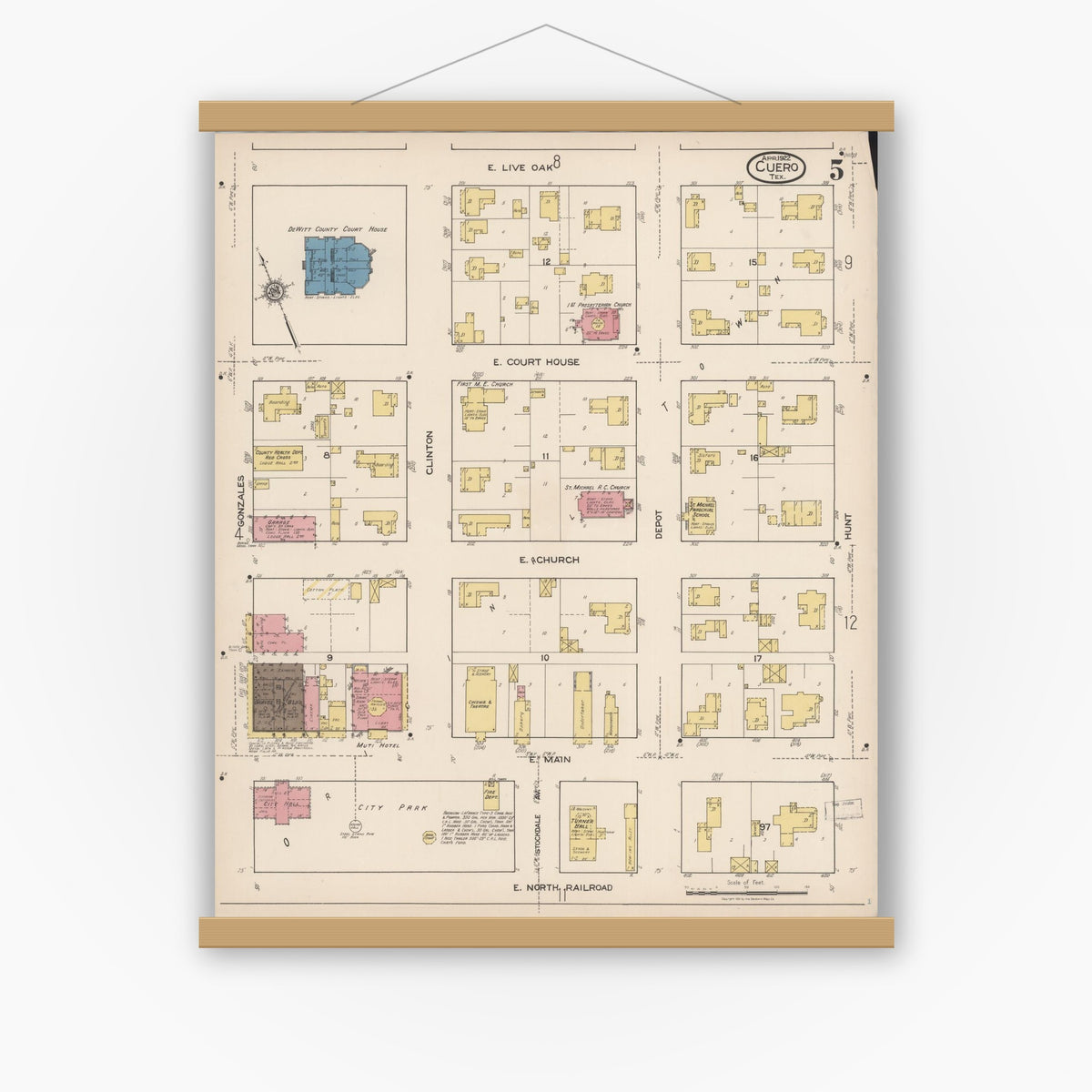 Old map wall art mockup — magnetic wood frame on white wall — Sanborn Fire Insurance Map from Cuero, De Witt County, Texas (1922), Sheet #0005