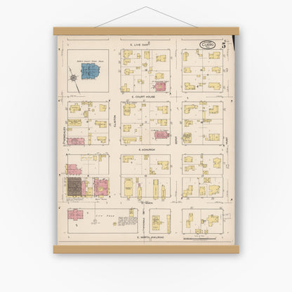 Old map wall art mockup — magnetic wood frame on white wall — Sanborn Fire Insurance Map from Cuero, De Witt County, Texas (1922), Sheet #0005