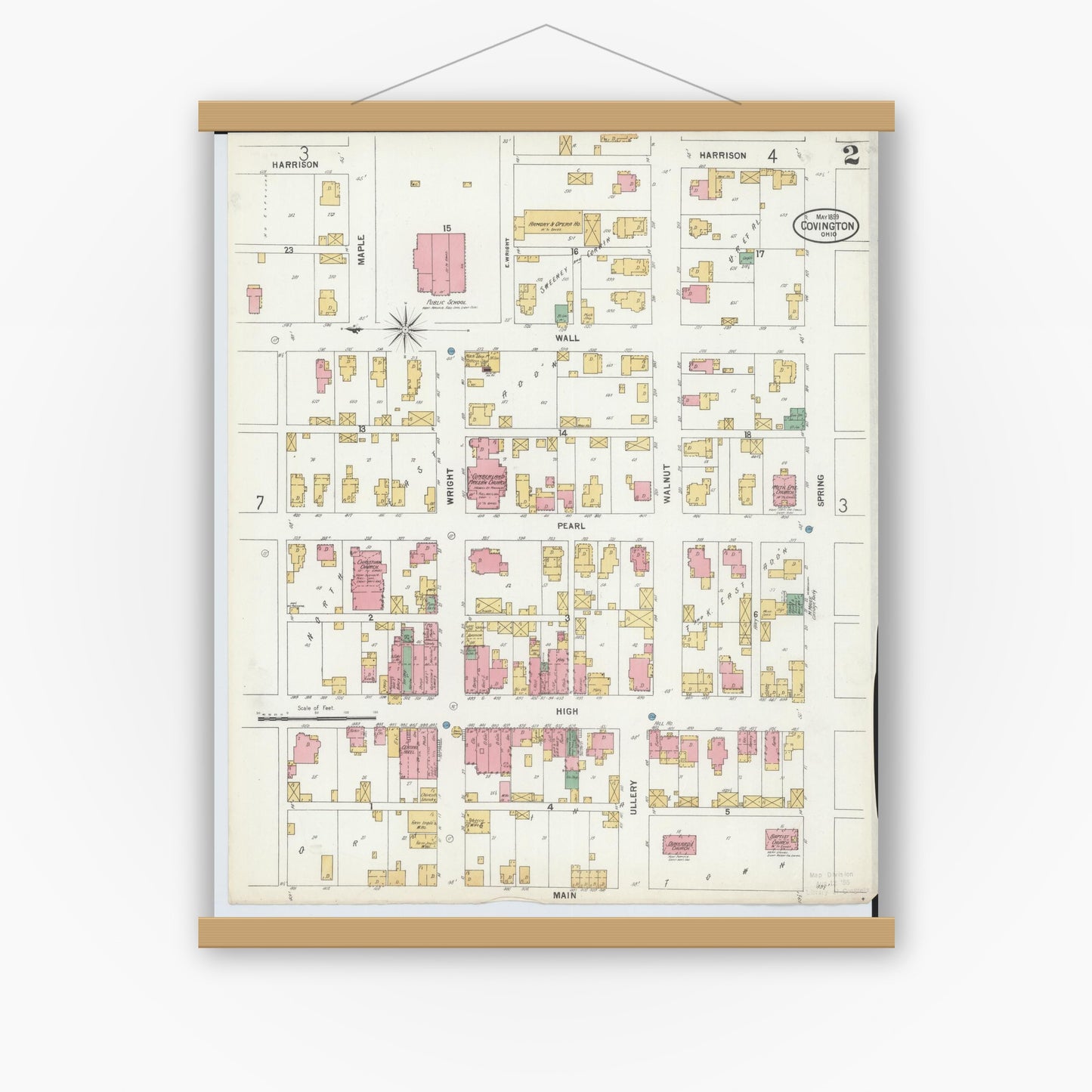 Old map wall art mockup — magnetic wood frame on white wall — Sanborn Fire Insurance Map from Covington, Miami County, Ohio (1899), Sheet #0002