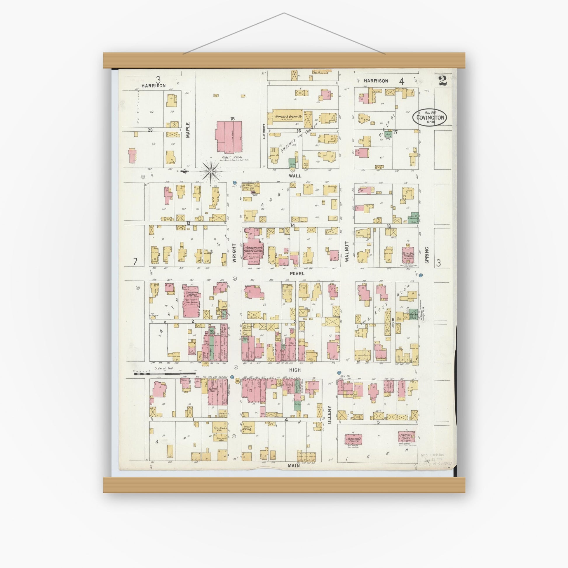Old map wall art mockup — magnetic wood frame on white wall — Sanborn Fire Insurance Map from Covington, Miami County, Ohio (1899), Sheet #0002