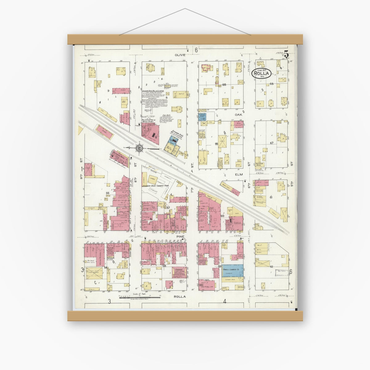 Old map wall art mockup — magnetic wood frame on white wall — Sanborn Fire Insurance Map from Rolla, Phelps County, Missouri (1917), Sheet #0005