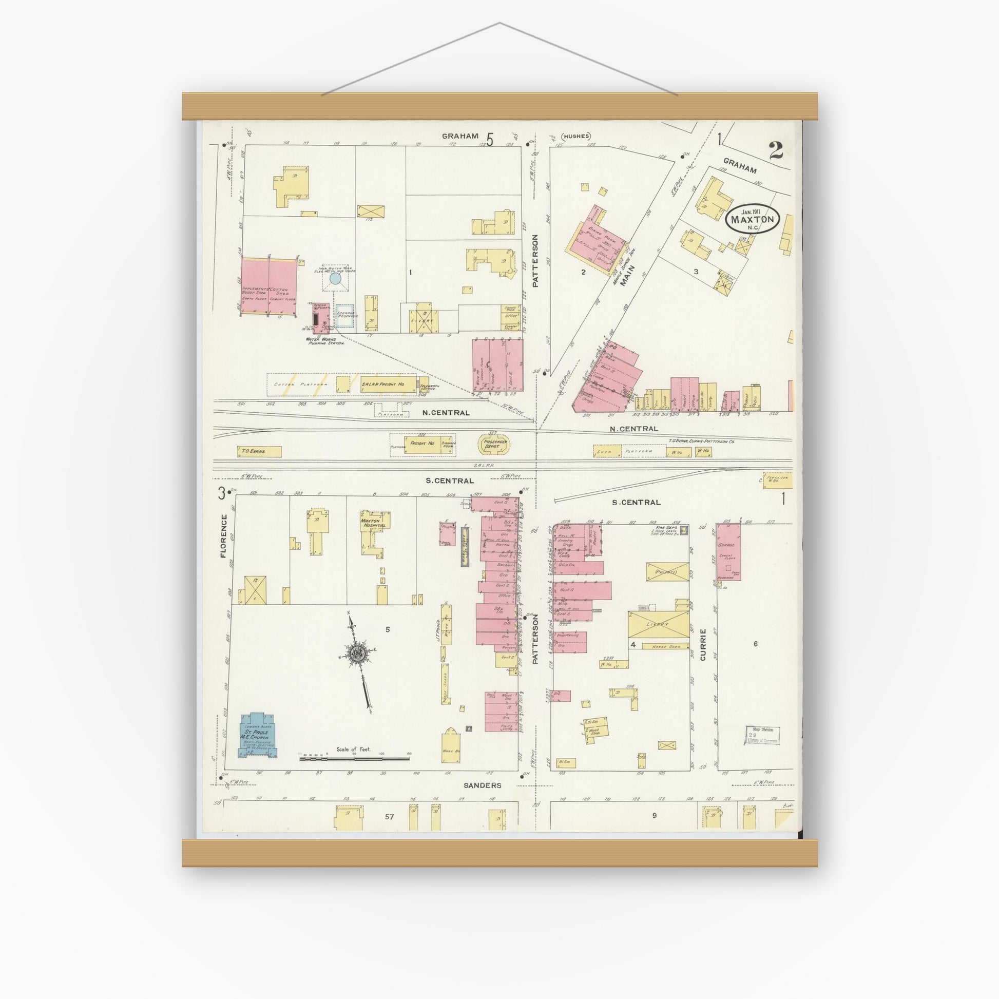 Old map wall art mockup — magnetic wood frame on white wall — Sanborn Fire Insurance Map from Maxton, Robeson County, North Carolina (1911), Sheet #0002