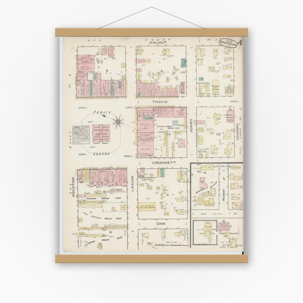 Old map wall art mockup — magnetic wood frame on white wall — Sanborn Fire Insurance Map from Sherman, Grayson County, Texas (1885), Sheet #0004