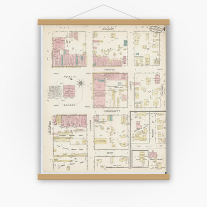 Old map wall art mockup — magnetic wood frame on white wall — Sanborn Fire Insurance Map from Sherman, Grayson County, Texas (1885), Sheet #0004