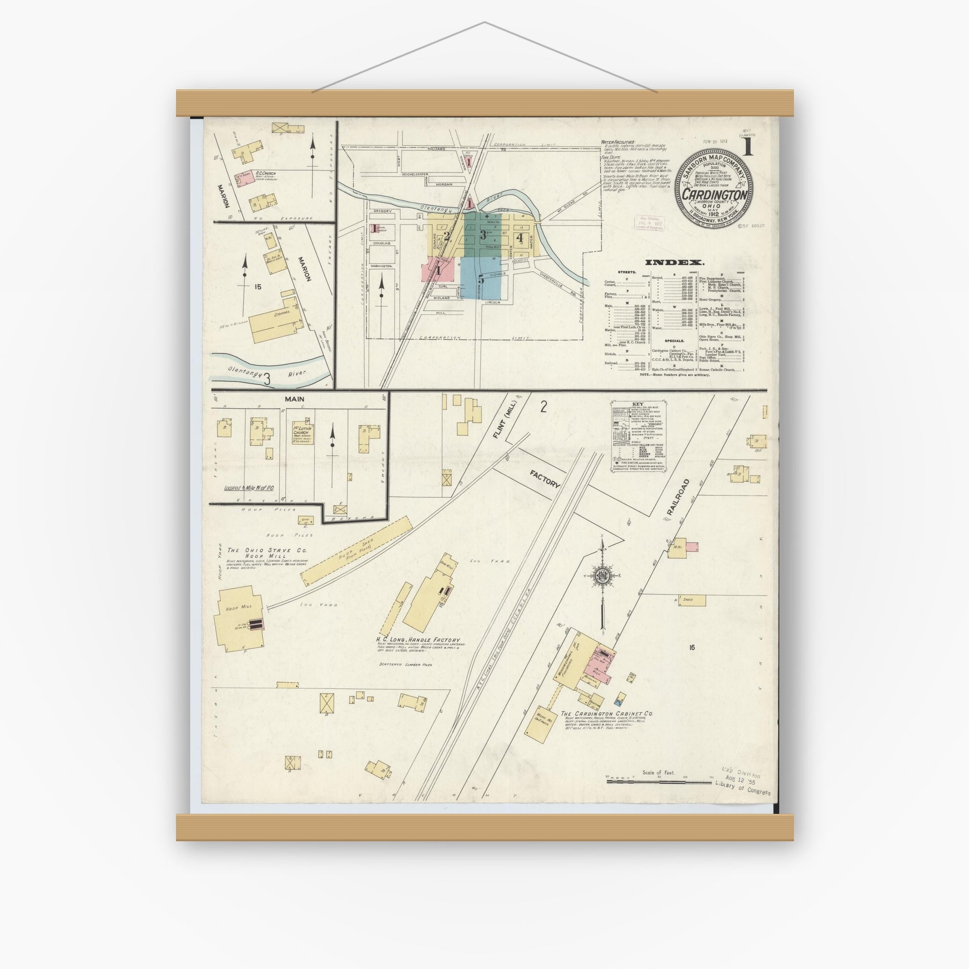 Old map wall art mockup — magnetic wood frame on white wall — Sanborn Fire Insurance Map from Cardington, Morrow County, Ohio (1912) - Complete Map Set