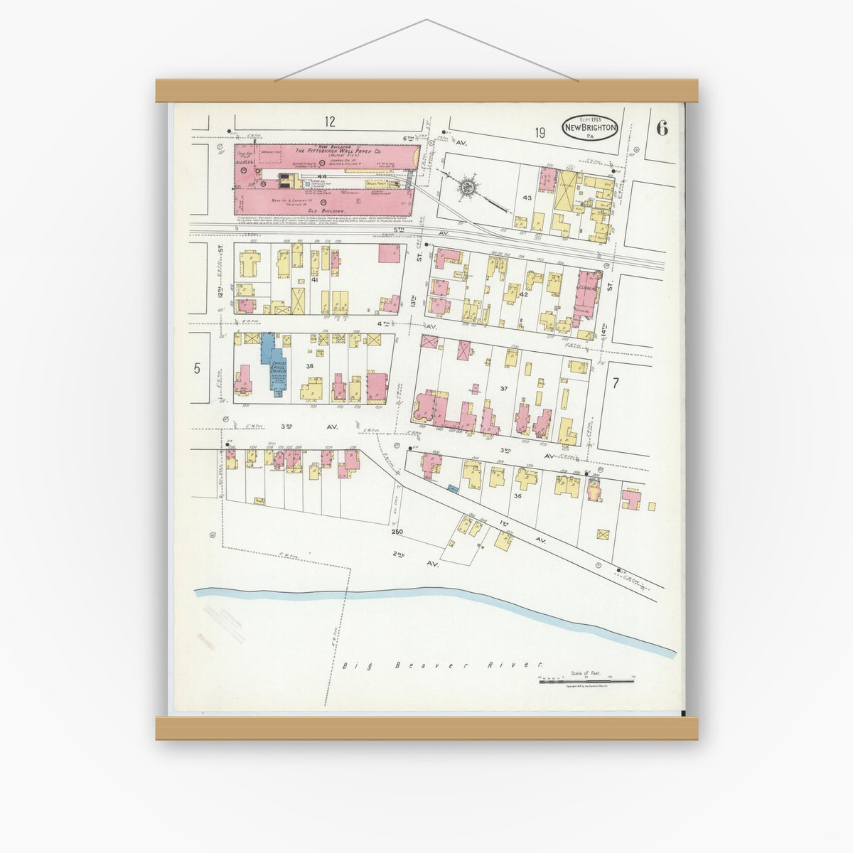 Old map wall art mockup — magnetic wood frame on white wall — Sanborn Fire Insurance Map from New Brighton, Beaver County, Pennsylvania (1918), Sheet #0006