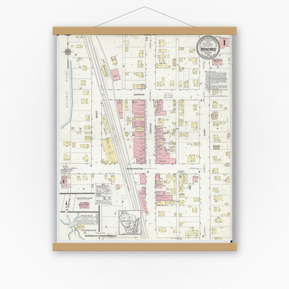 Old map wall art mockup — magnetic wood frame on white wall — Sanborn Fire Insurance Map from Wonewoc, Juneau County, Wisconsin (1914), Sheet #0001