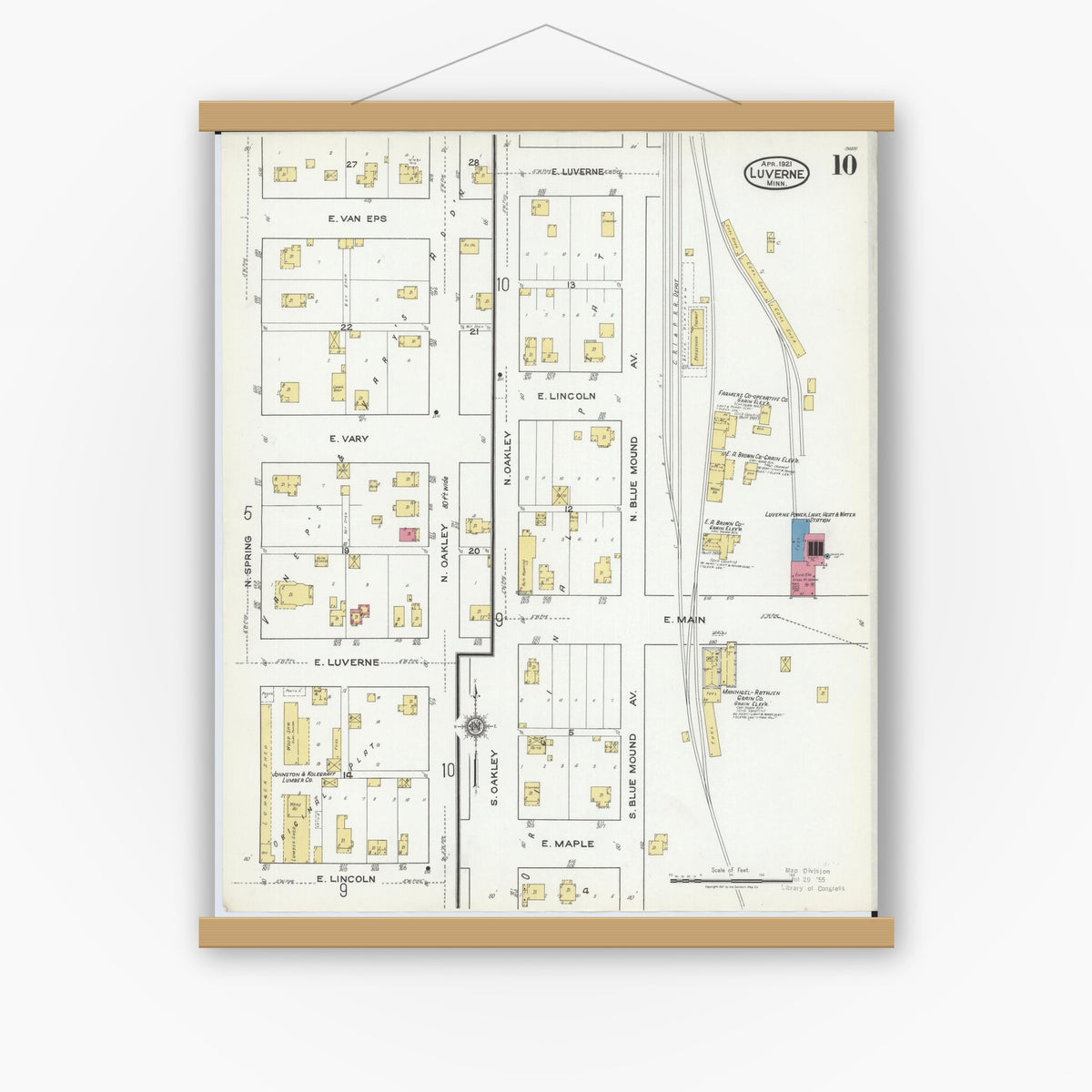 Old map wall art mockup — magnetic wood frame on white wall — Sanborn Fire Insurance Map from Luverne, Rock County, Minnesota (1921), Sheet #0010