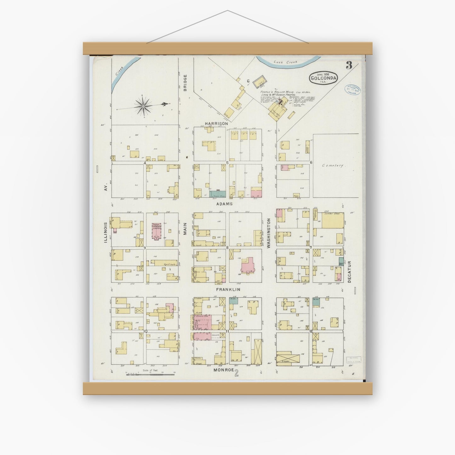 Old map wall art mockup — magnetic wood frame on white wall — Sanborn Fire Insurance Map from Golconda, Pope County, Illinois (1894), Sheet #0003