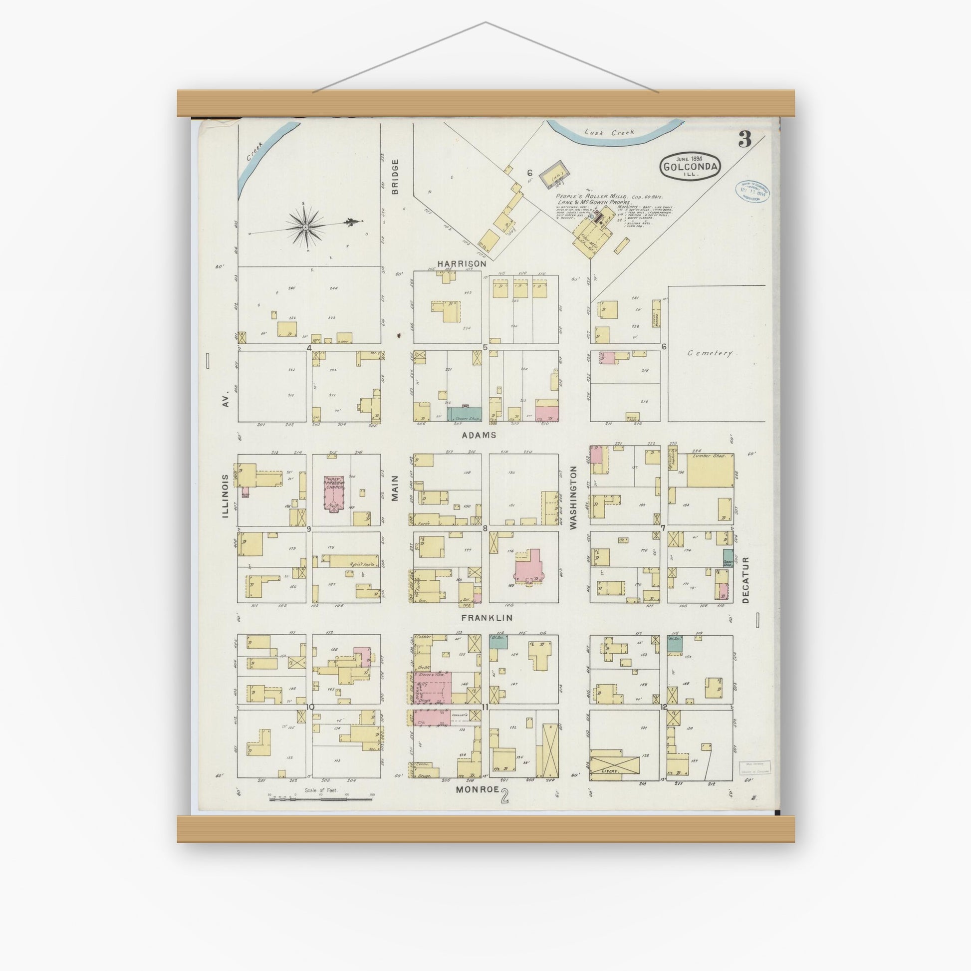 Old map wall art mockup — magnetic wood frame on white wall — Sanborn Fire Insurance Map from Golconda, Pope County, Illinois (1894), Sheet #0003