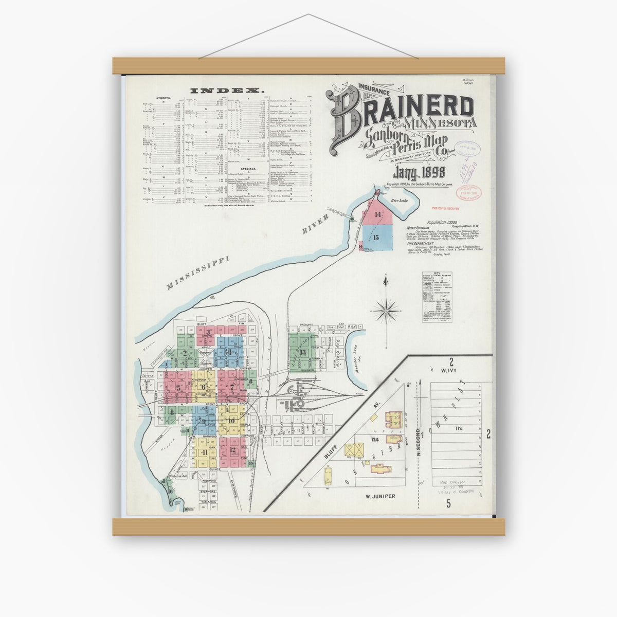 Old map wall art mockup — magnetic wood frame on white wall — Sanborn Fire Insurance Map from Brainerd, Crow Wing County, Minnesota (1898) - Complete Map Set