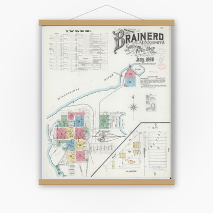 Old map wall art mockup — magnetic wood frame on white wall — Sanborn Fire Insurance Map from Brainerd, Crow Wing County, Minnesota (1898) - Complete Map Set