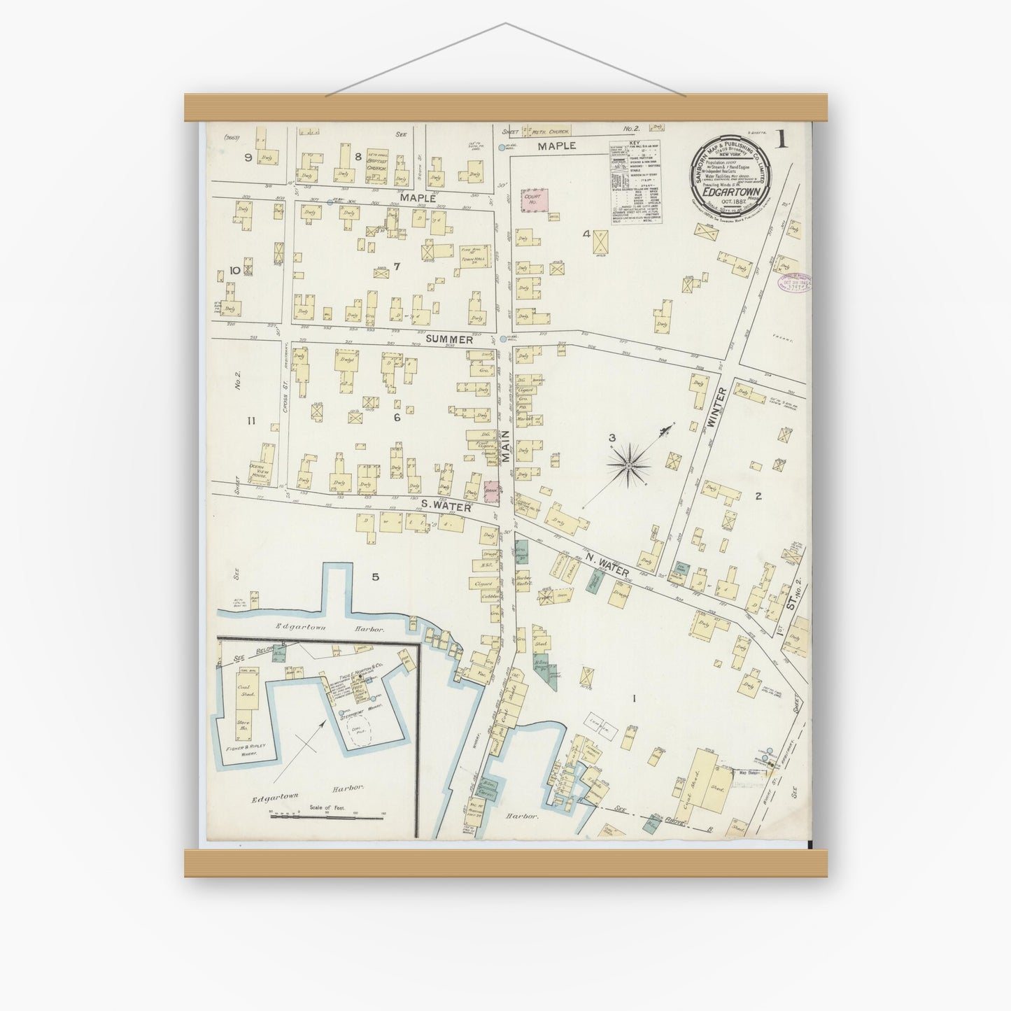 Old map wall art mockup — magnetic wood frame on white wall — Sanborn Fire Insurance Map from Edgartown, Dukes County, Massachusetts (1887), Sheet #0001