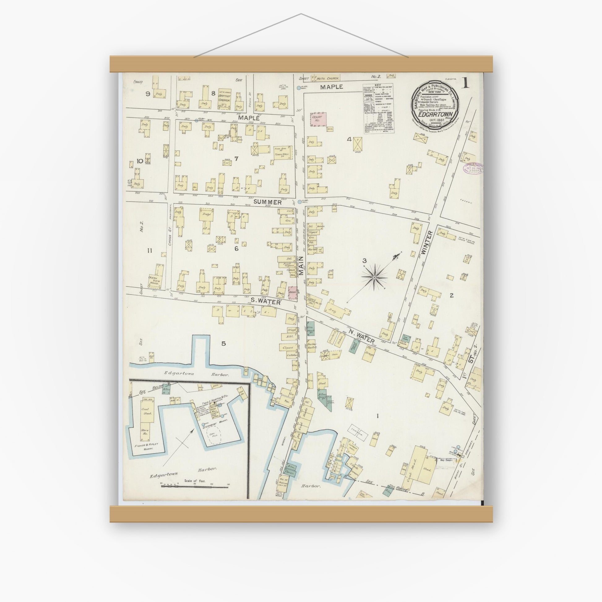 Old map wall art mockup — magnetic wood frame on white wall — Sanborn Fire Insurance Map from Edgartown, Dukes County, Massachusetts (1887), Sheet #0001