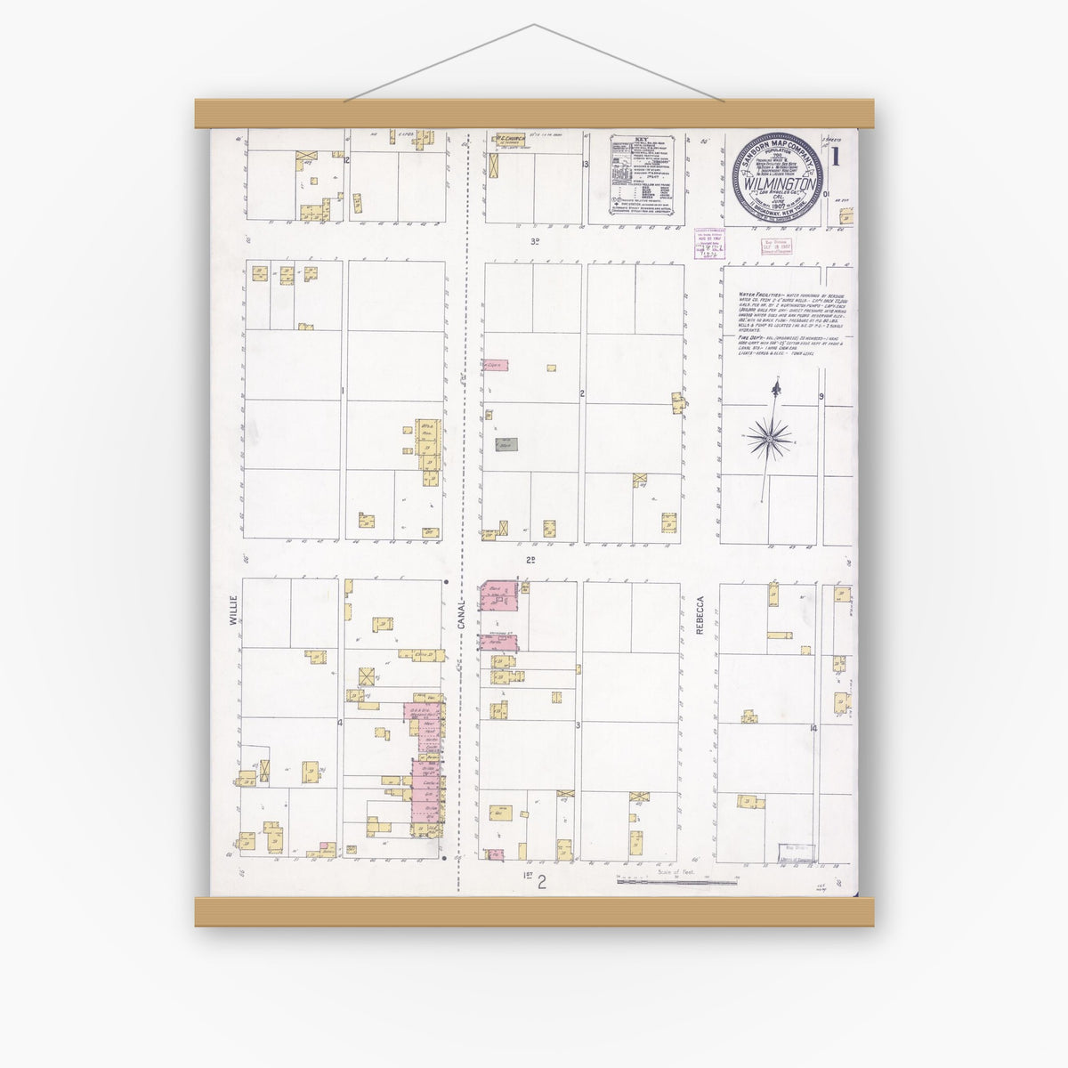 Old map wall art mockup — magnetic wood frame on white wall — Sanborn Fire Insurance Map from Wilmington, Los Angeles County, California (1907) - Complete Map Set