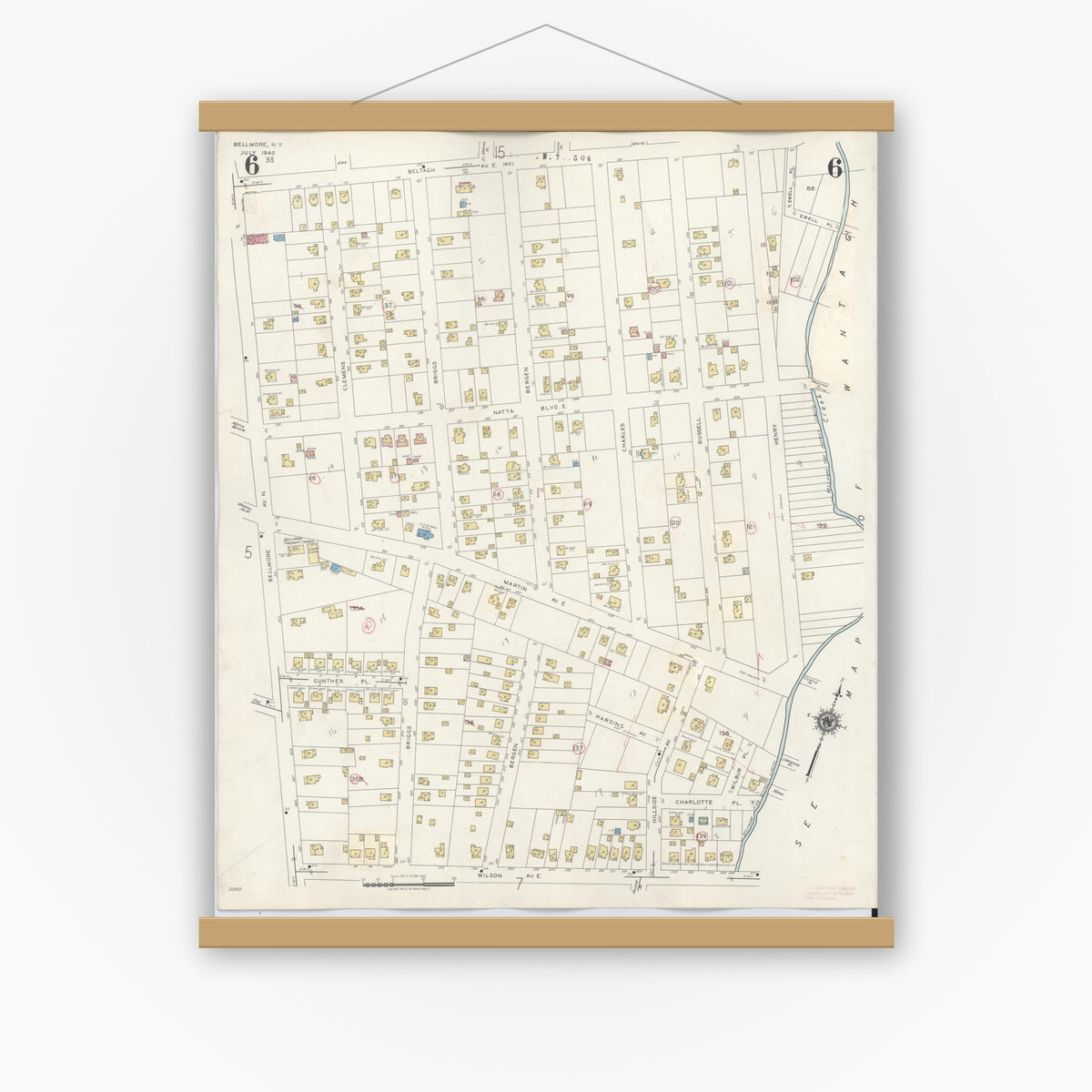 Old map wall art mockup — magnetic wood frame on white wall — Sanborn Fire Insurance Map from Bellmore, Nassau County, New York (1945), Sheet #0006