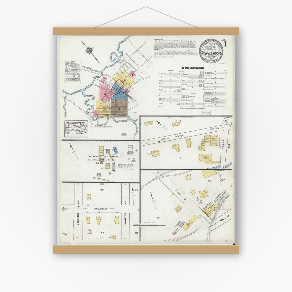 Old map wall art mockup — magnetic wood frame on white wall — Sanborn Fire Insurance Map from Shingle House, Potter County, Pennsylvania (1919) - Complete Map Set