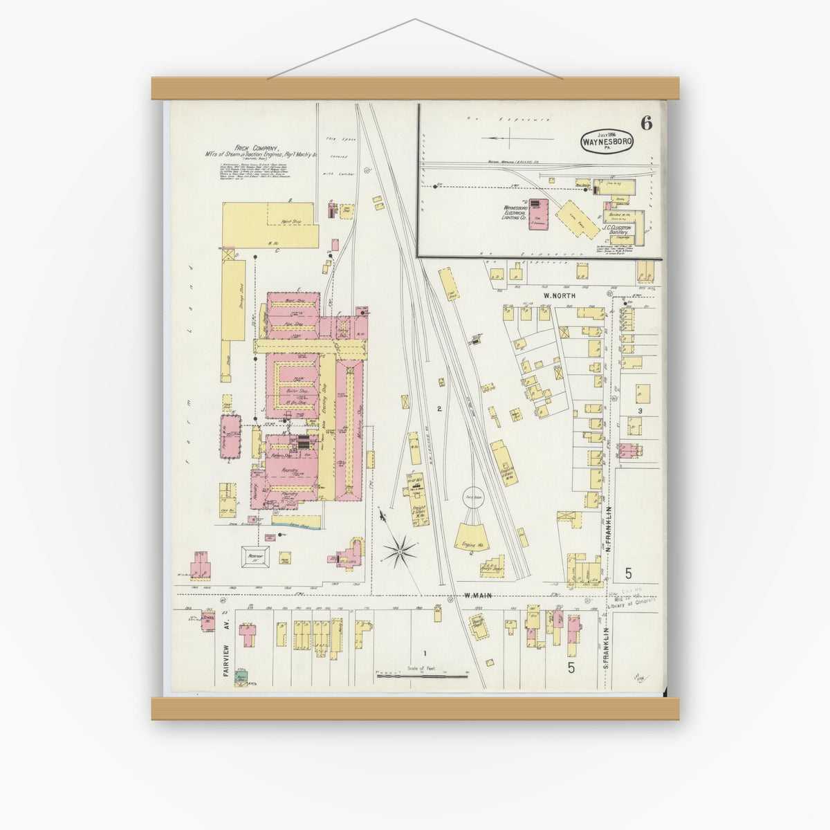 Old map wall art mockup — magnetic wood frame on white wall — Sanborn Fire Insurance Map from Waynesboro, Franklin County, Pennsylvania (1896), Sheet #0006