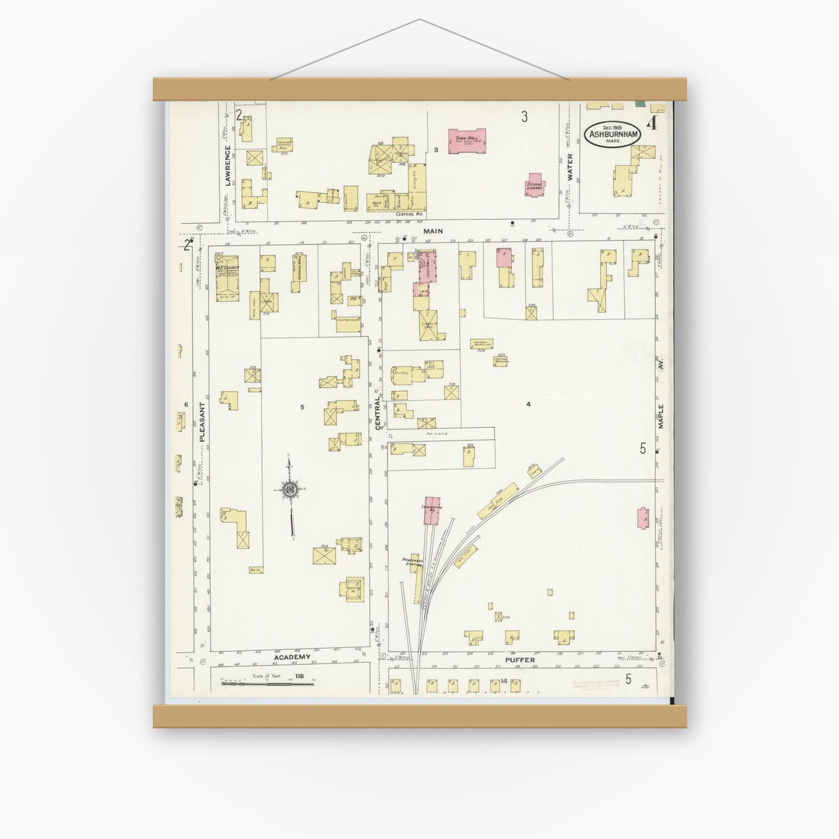 Old map wall art mockup — magnetic wood frame on white wall — Sanborn Fire Insurance Map from Ashburnham, Worcester County, Massachusetts (1909), Sheet #0004