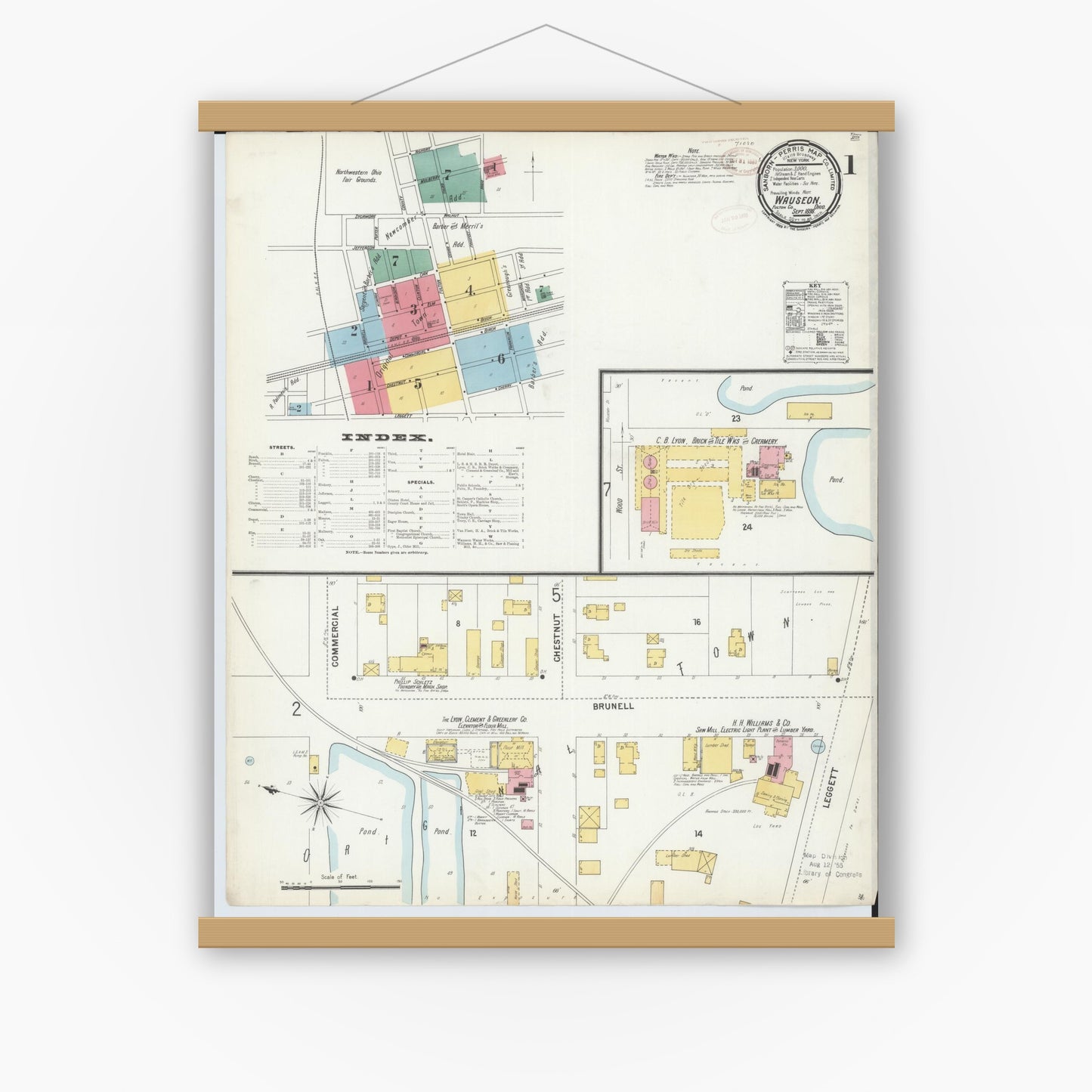 Old map wall art mockup — magnetic wood frame on white wall — Sanborn Fire Insurance Map from Wauseon, Fulton County, Ohio (1899), Sheet #0001