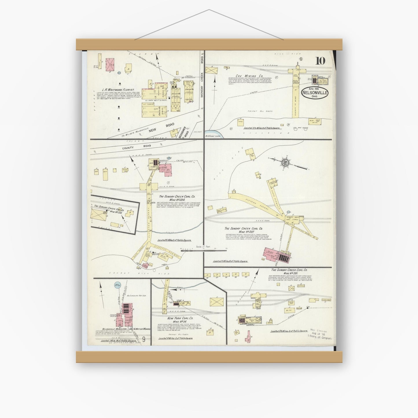 Old map wall art mockup — magnetic wood frame on white wall — Sanborn Fire Insurance Map from Nelsonville, Athens County, Ohio (1914), Sheet #0010