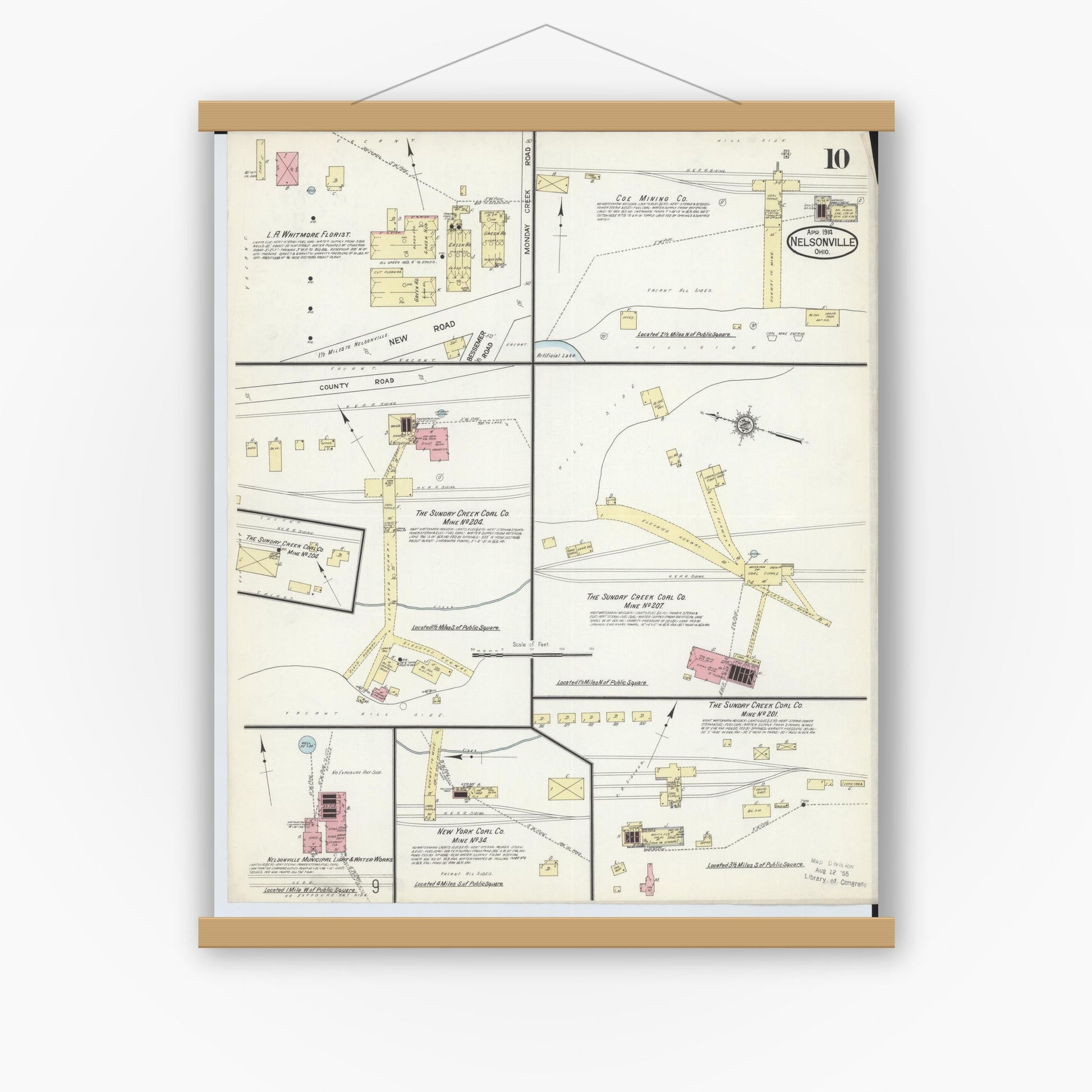 Old map wall art mockup — magnetic wood frame on white wall — Sanborn Fire Insurance Map from Nelsonville, Athens County, Ohio (1914), Sheet #0010