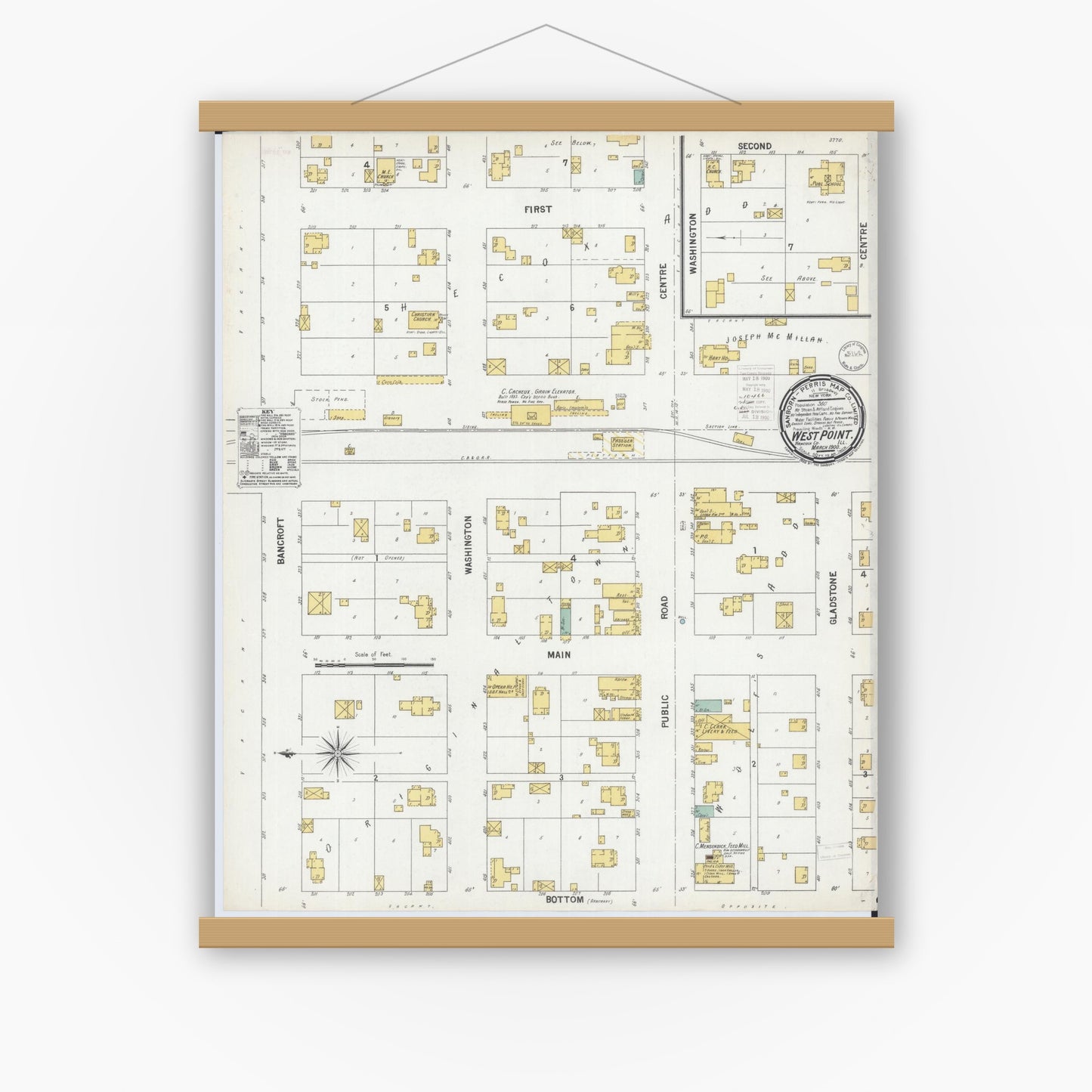 Old map wall art mockup — magnetic wood frame on white wall — Sanborn Fire Insurance Map from West Point, Hancock County, Illinois (1900), Sheet #0001