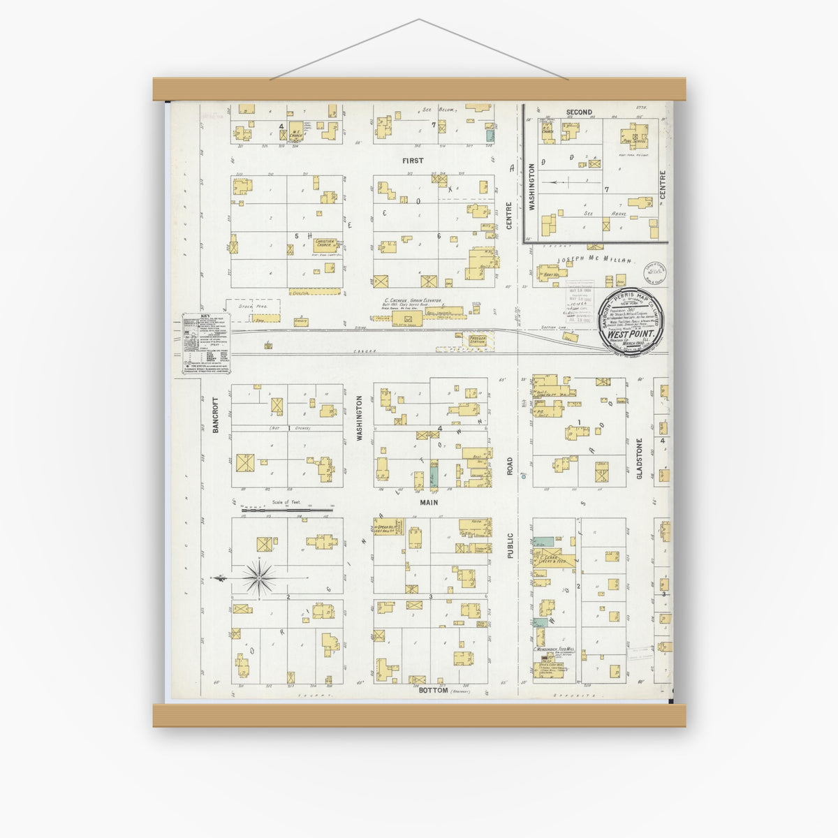 Old map wall art mockup — magnetic wood frame on white wall — Sanborn Fire Insurance Map from West Point, Hancock County, Illinois (1900), Sheet #0001