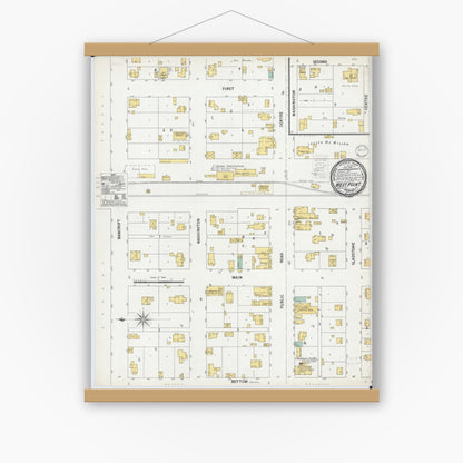 Old map wall art mockup — magnetic wood frame on white wall — Sanborn Fire Insurance Map from West Point, Hancock County, Illinois (1900), Sheet #0001
