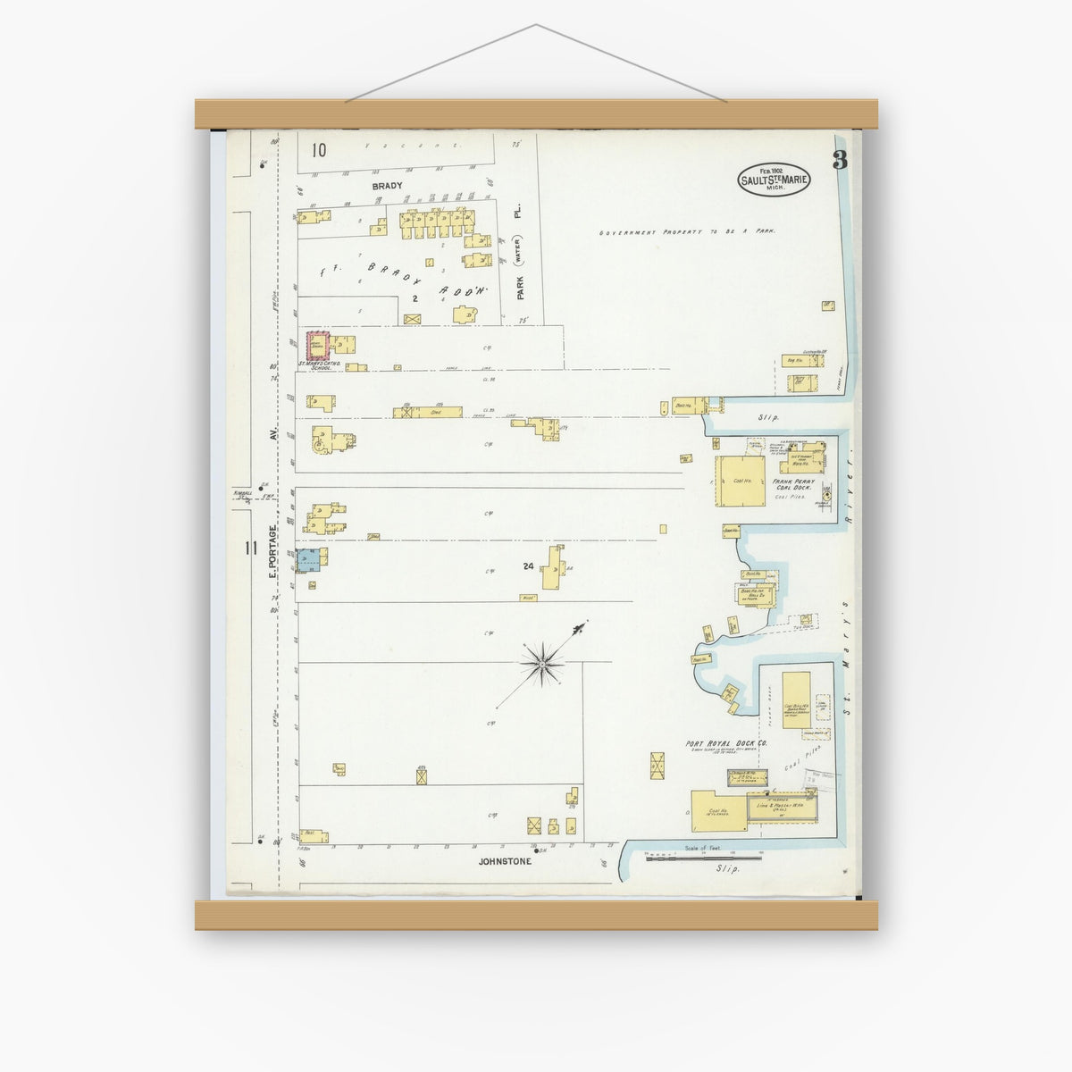 Old map wall art mockup — magnetic wood frame on white wall — Sanborn Fire Insurance Map from Sault Sainte Marie, Chippewa County, Michigan (1902), Sheet #0003