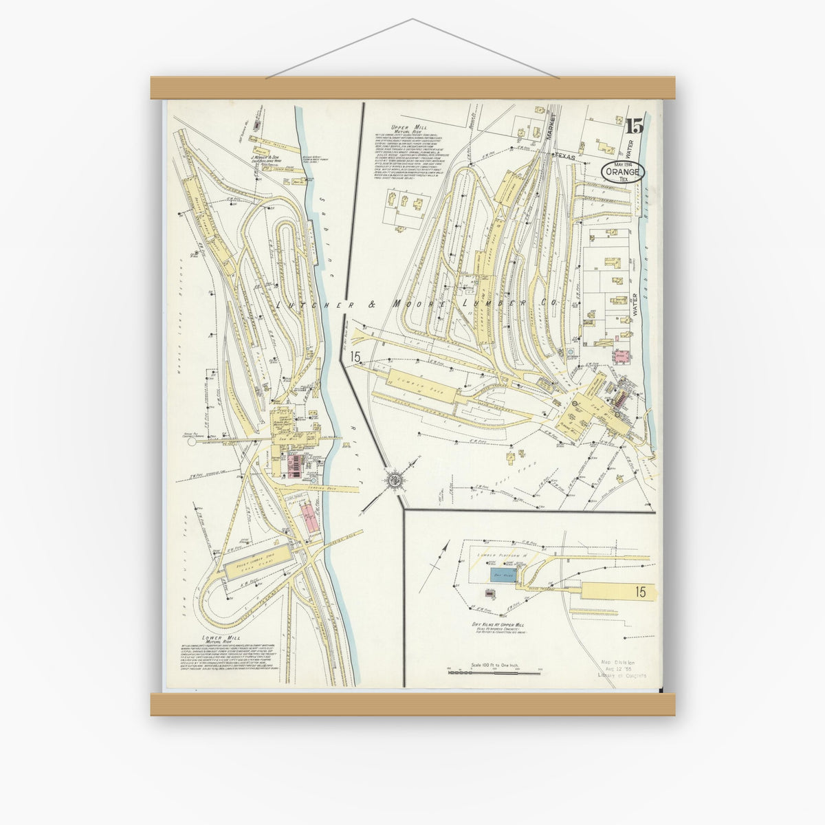 Old map wall art mockup — magnetic wood frame on white wall — Sanborn Fire Insurance Map from Orange, Orange County, Texas (1914), Sheet #0015
