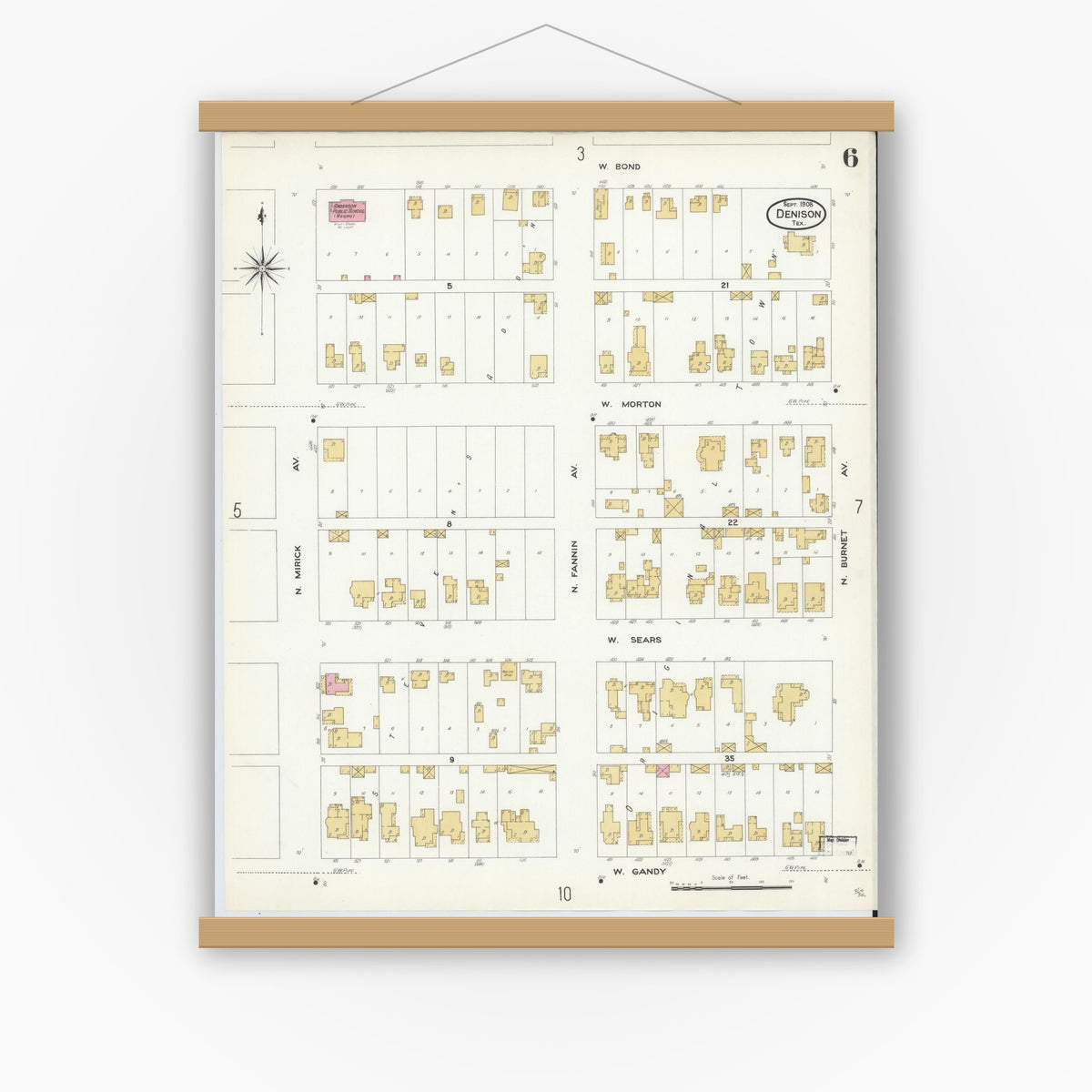 Old map wall art mockup — magnetic wood frame on white wall — Sanborn Fire Insurance Map from Denison, Grayson County, Texas (1908), Sheet #0006