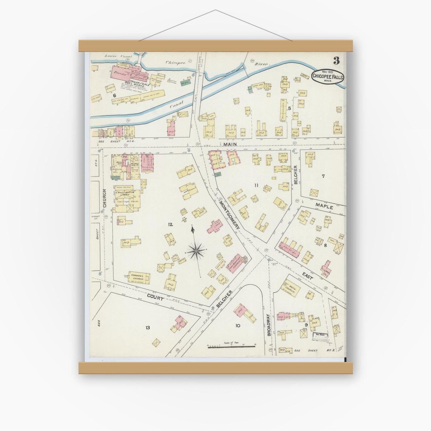 Old map wall art mockup — magnetic wood frame on white wall — Sanborn Fire Insurance Map from Chicopee Falls, Hampden County, Massachusetts (1891), Sheet #0003