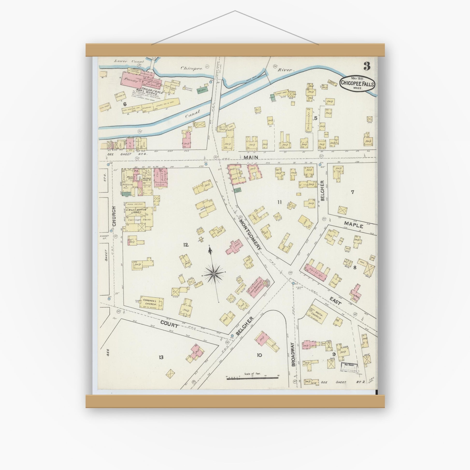 Old map wall art mockup — magnetic wood frame on white wall — Sanborn Fire Insurance Map from Chicopee Falls, Hampden County, Massachusetts (1891), Sheet #0003