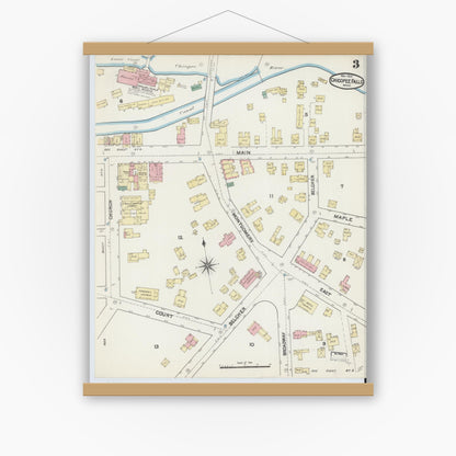 Old map wall art mockup — magnetic wood frame on white wall — Sanborn Fire Insurance Map from Chicopee Falls, Hampden County, Massachusetts (1891), Sheet #0003