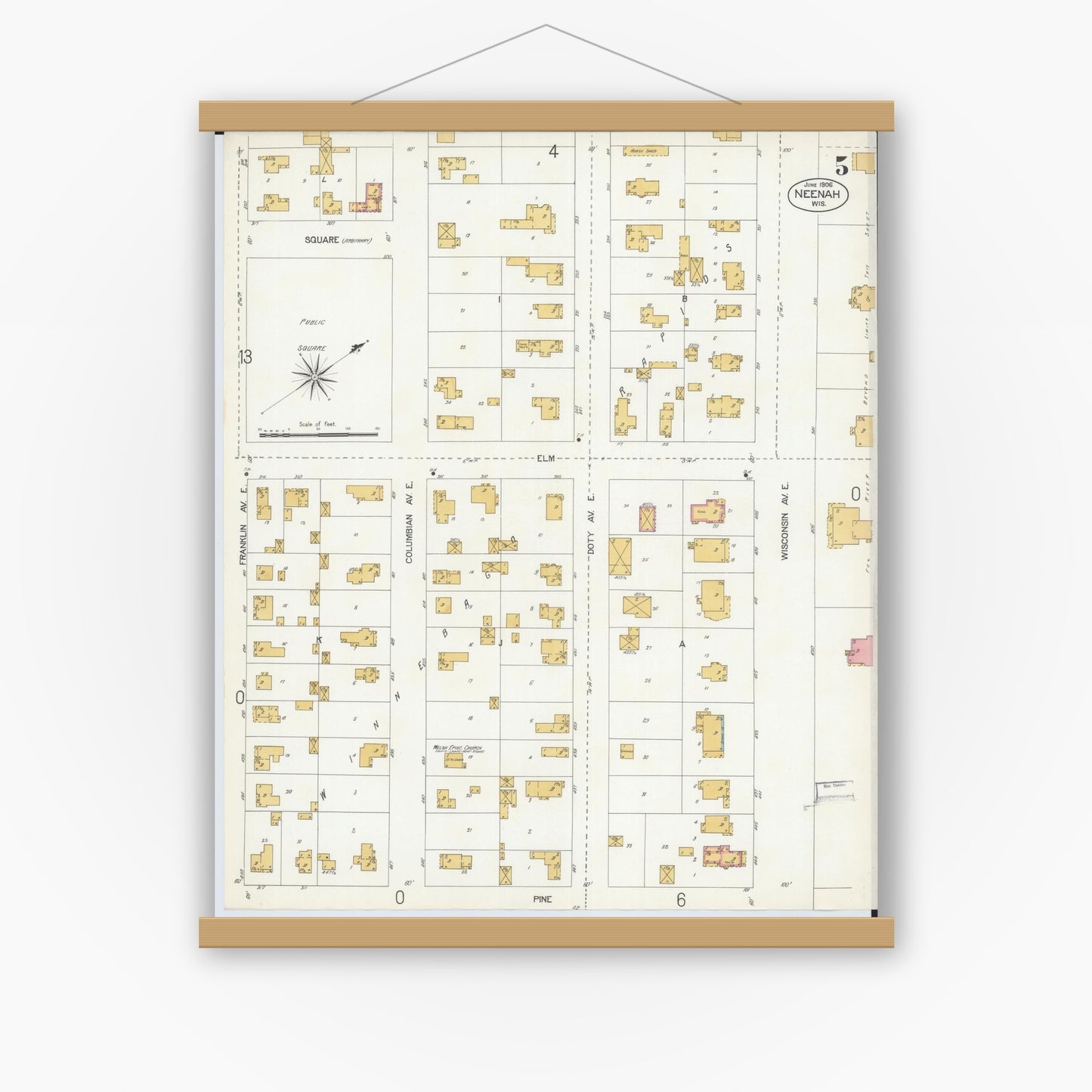 Old map wall art mockup — magnetic wood frame on white wall — Sanborn Fire Insurance Map from Neenah, Winnebago County, Wisconsin (1906), Sheet #0005