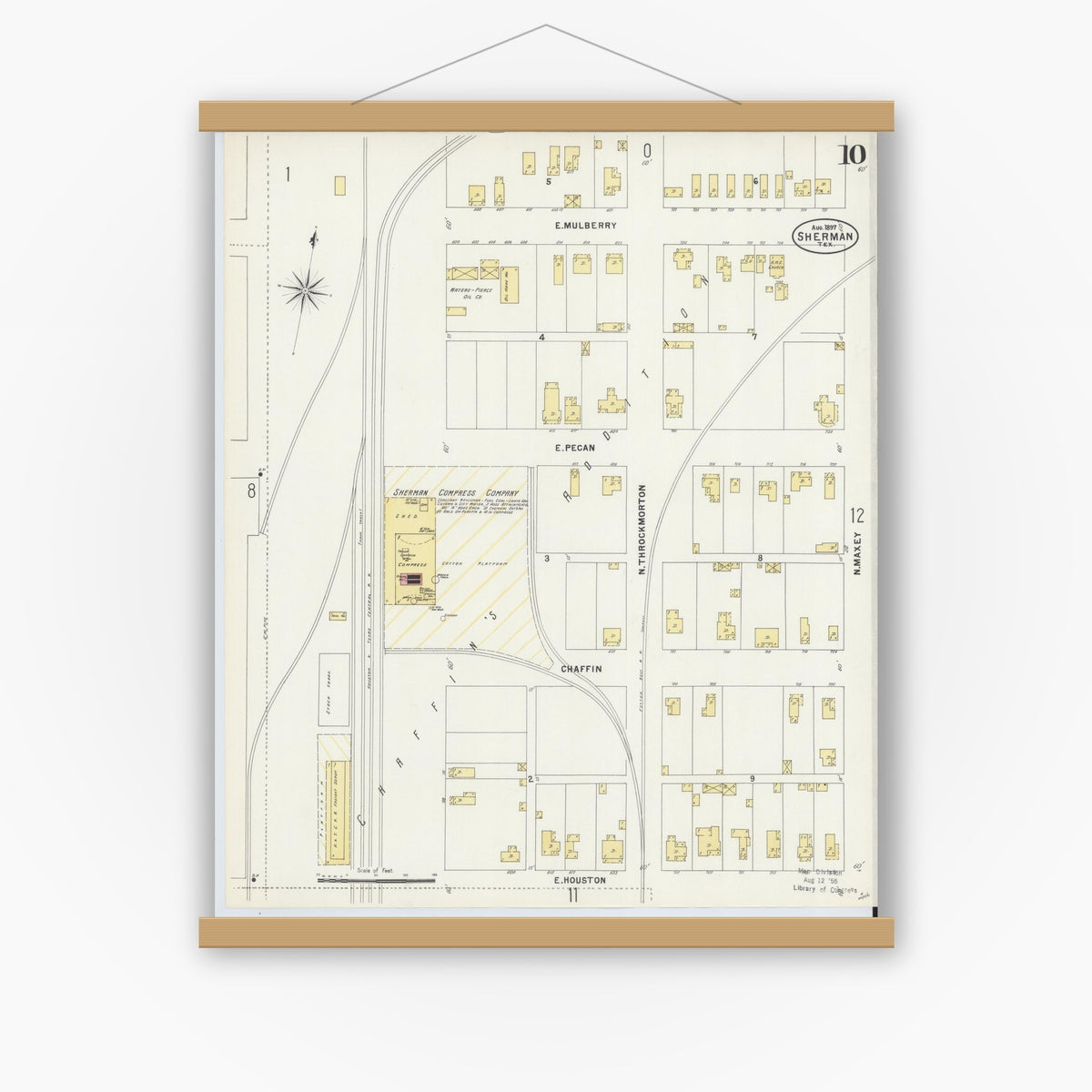 Old map wall art mockup — magnetic wood frame on white wall — Sanborn Fire Insurance Map from Sherman, Grayson County, Texas (1897), Sheet #0010