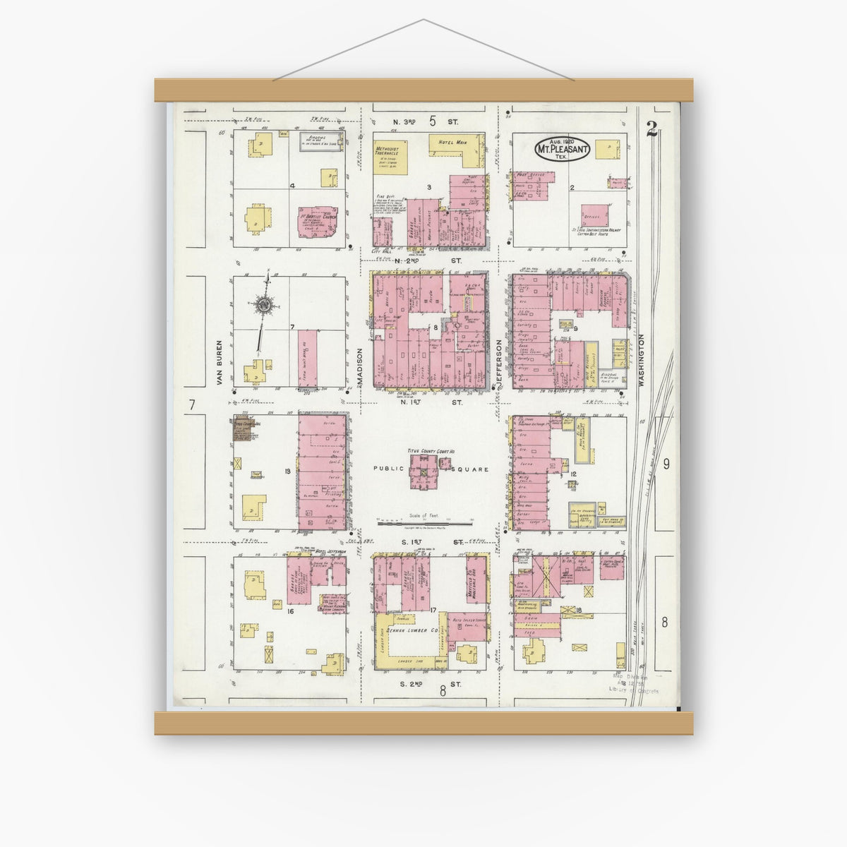 Old map wall art mockup — magnetic wood frame on white wall — Sanborn Fire Insurance Map from Mount Pleasant, Titus County, Texas (1920), Sheet #0002